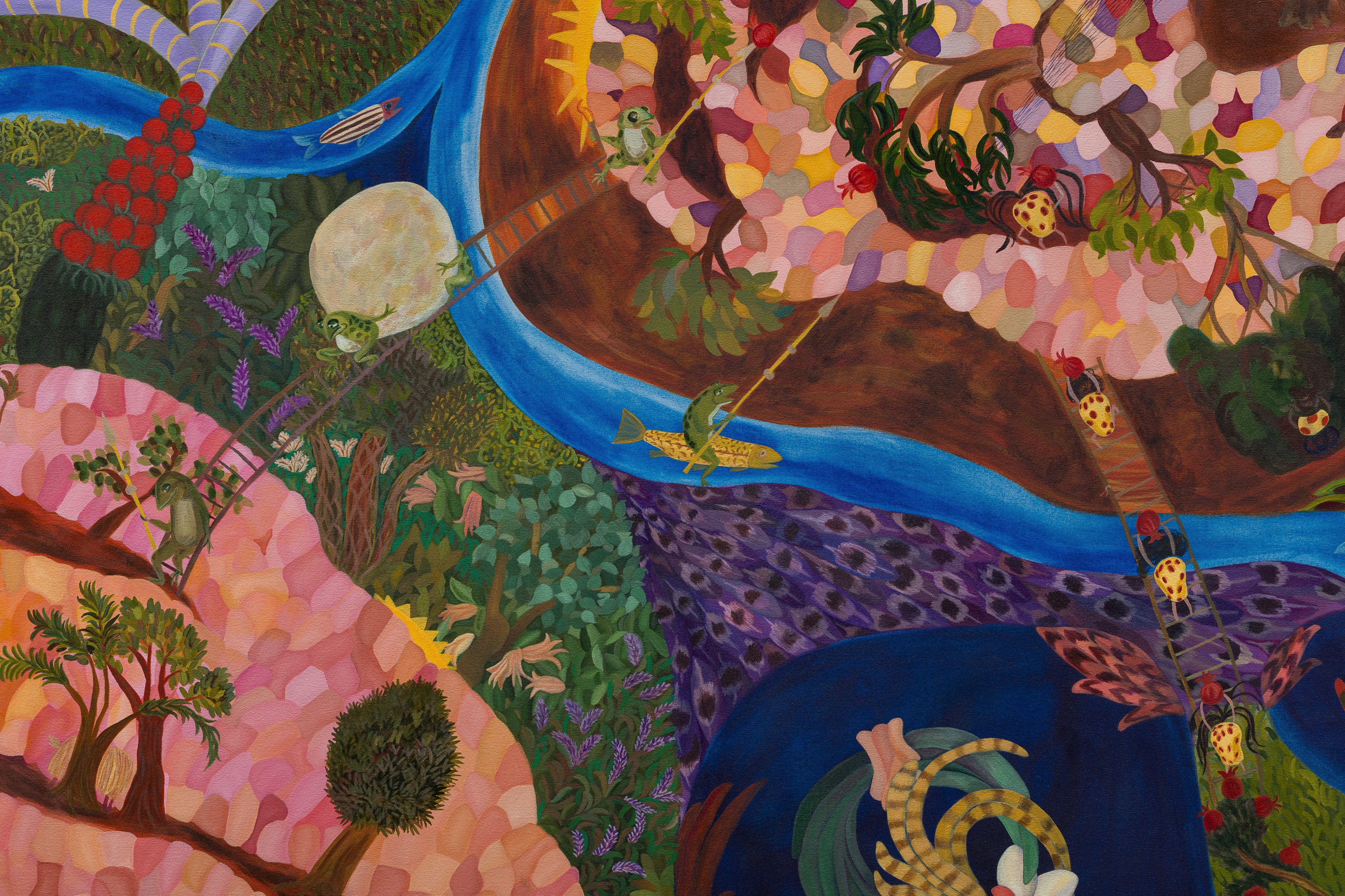 Detail of Facts and hearsay &mdash; an encyclopaedia of various natural and less natural phenomena, acrylic on canvas, 196 x 508 cm, 2024, image courtesy of Alexander Berggruen Gallery, photography by Mark Blower