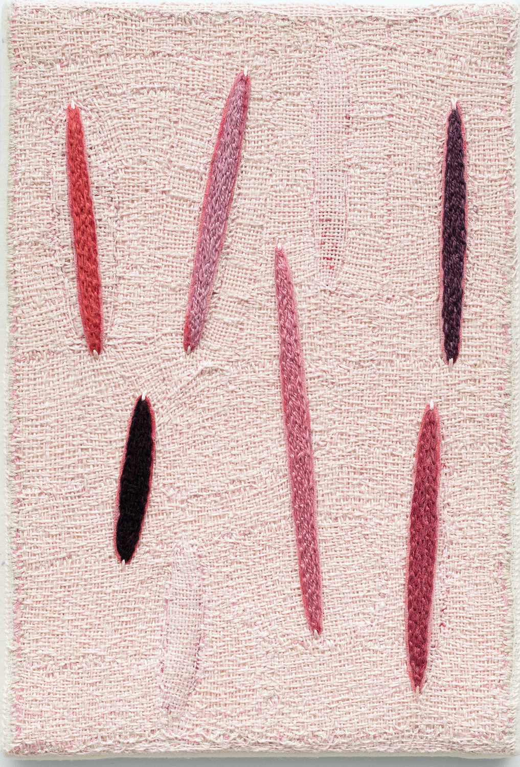 'Scarification', 2022/2023. Cotton threads embroidered and woven on felt hand stitched on felt hand stitched over wooden stretchers. 30 x 20 cm