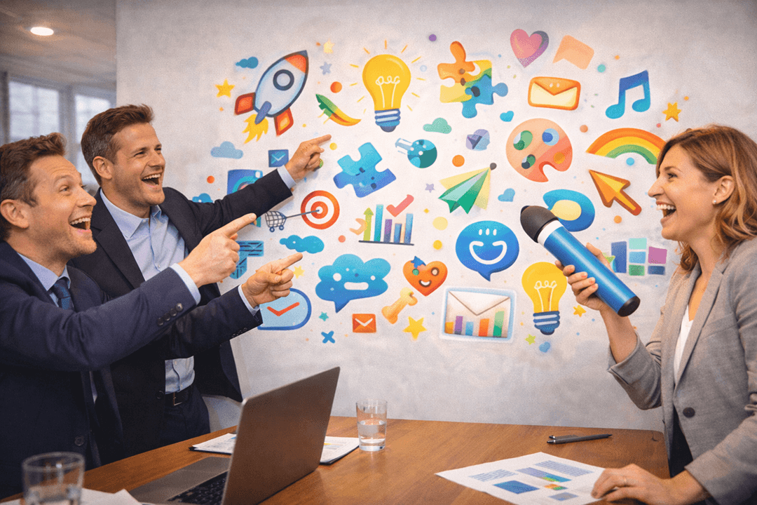 Overly staged corporate meeting where executives in suits point at a wall of whimsical cartoon doodles and icons like it&rsquo;s quarterly results. One person holds a giant marker like a microphone. Bright boardroom lighting, exaggerated smiles, slightly uncanny AI stock photo look, wide banner crop, no text, no logos.