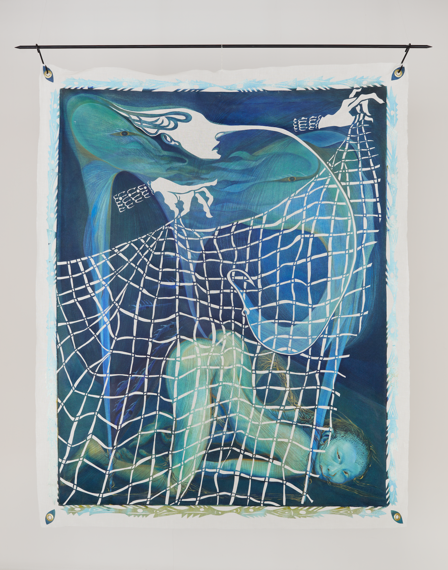 Wind Catcher, oil, acrylic and graphite on canvas collaged on grommeted cotton gauze, 117 × 142 cm