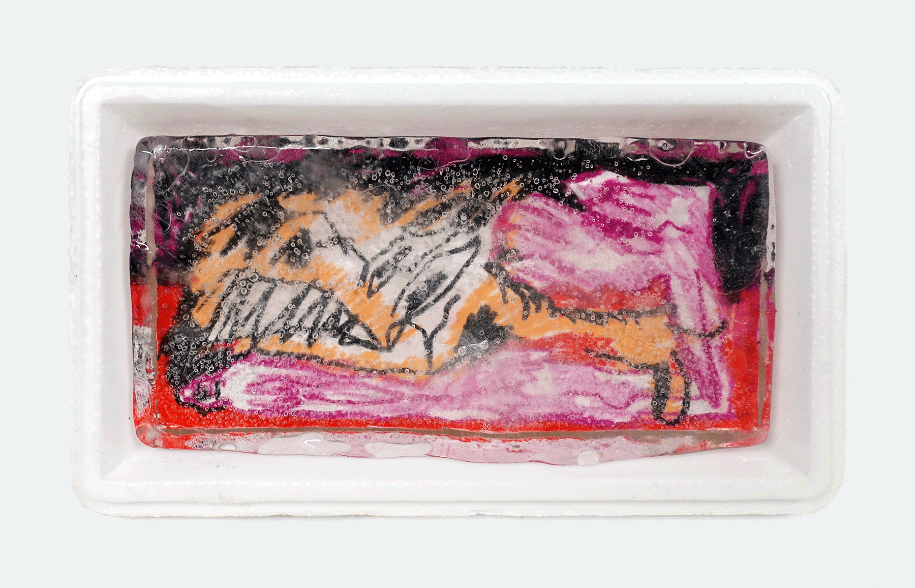 FROZEN DRAWINGice block with wax pastels drawing on waterproof paper, produced by MATTA, 6x15cm, 2023 · info