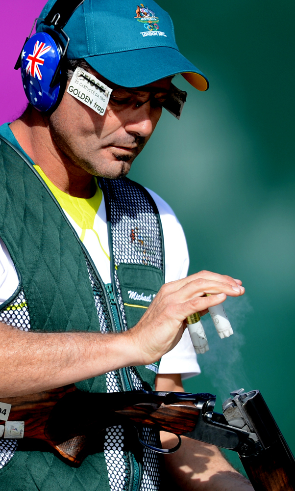 Michael Diamond of Australia in the shooting trap men qualification day 2 at the Royal Artillery Barrack during the London Olympic Games 2012