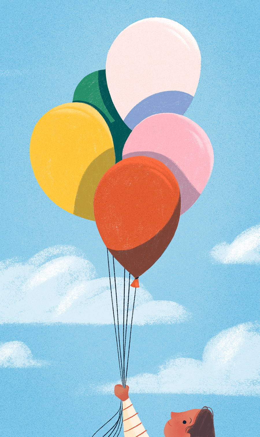 A boy holding five balloons.