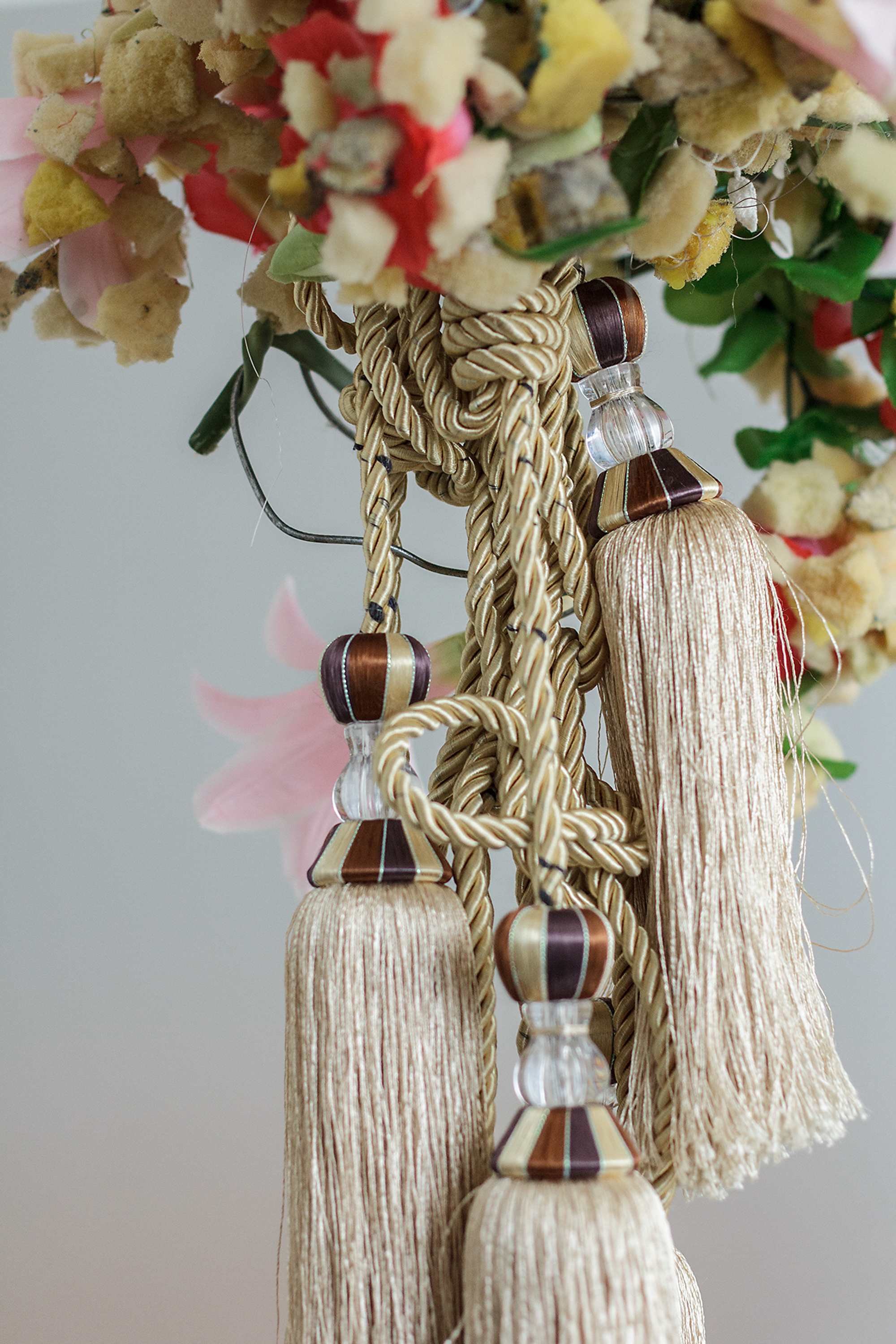 Igshaan Adams, Plate 2 (from the series Neoscope) (2014) | Found tablecloth, tassels, wire, sponge, beads, artificial flowers ; 160 x 180 cm diameter (detail)