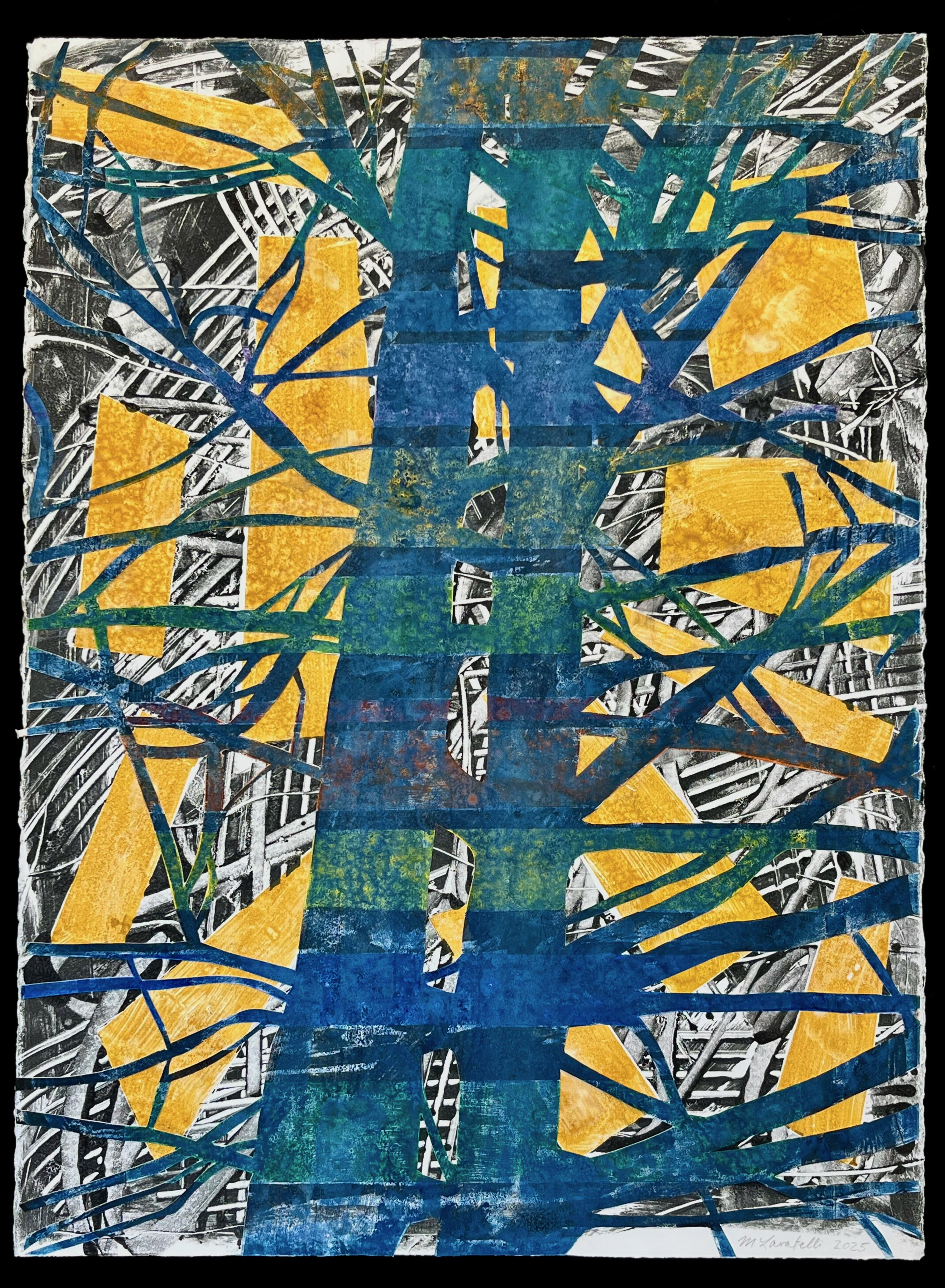 Pine Shuffle. 2025. cut & layered encaustic mnotypes. 30" X 22 1/4"
