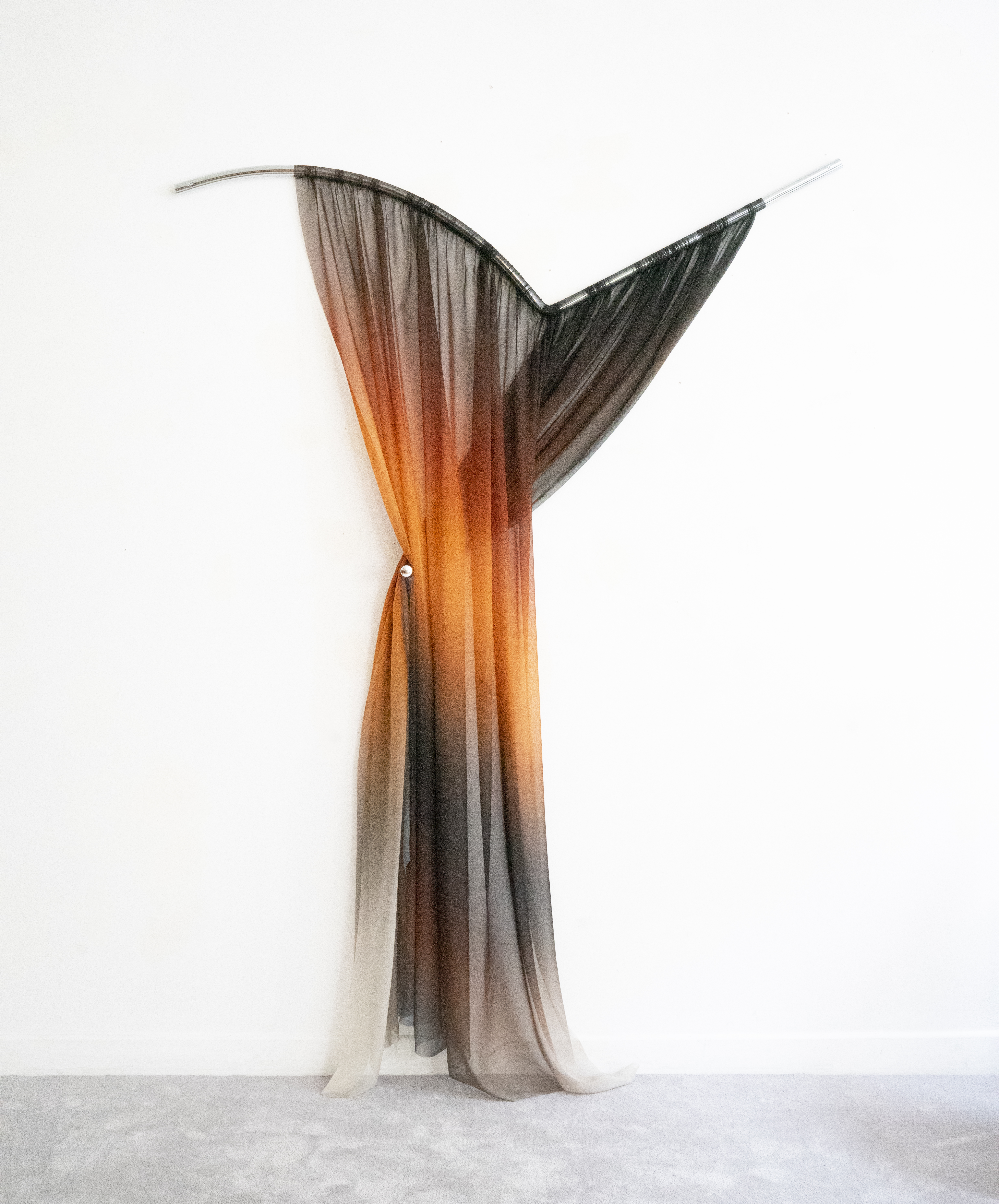 How to drape a very circumspect Dana Scully, printed silk and chromed steel, 210x155x20cm, 2025.