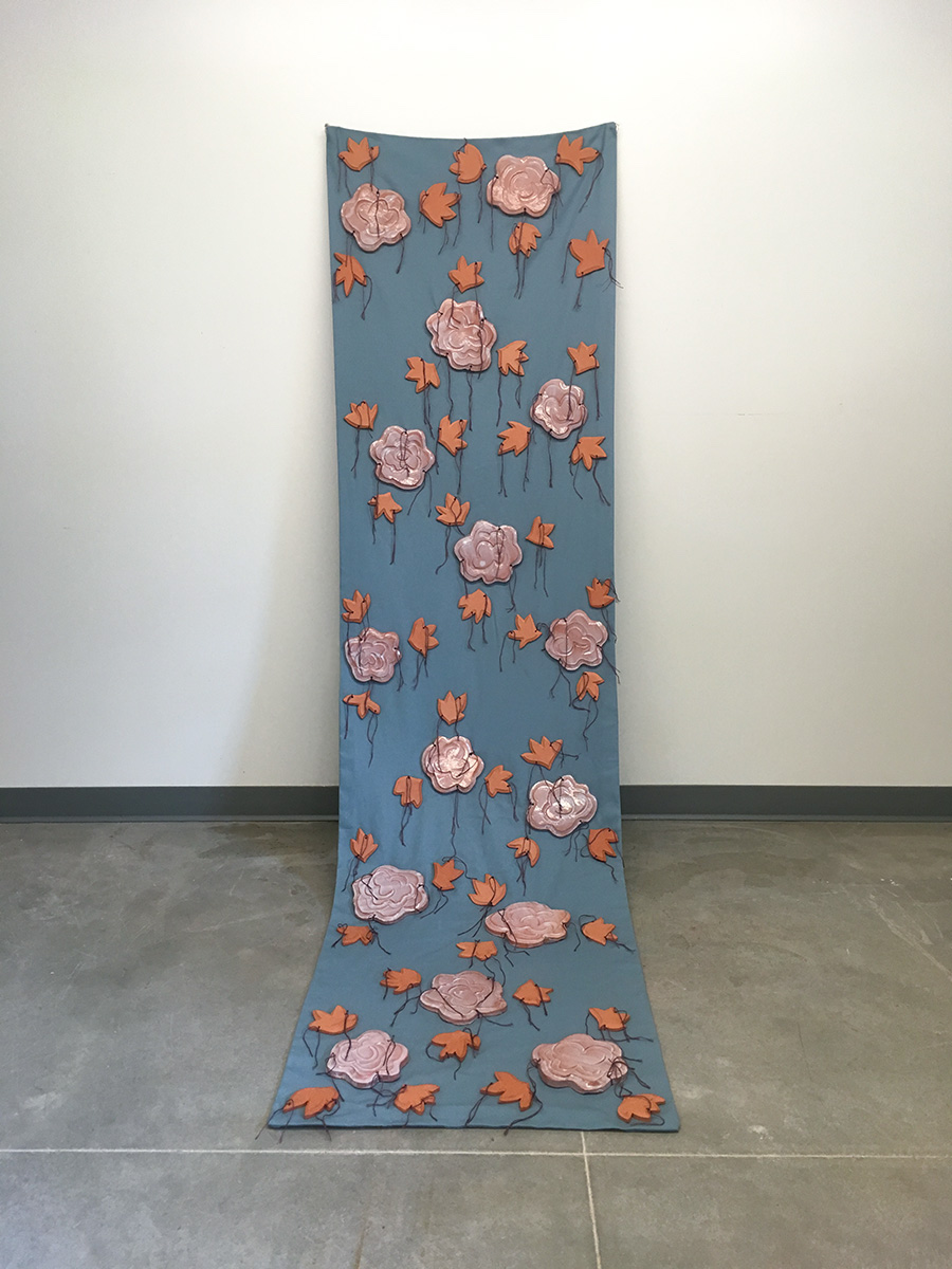 With Love, 2017, earthenware, glaze, canvas, thread, 70" x 28" x 36"
