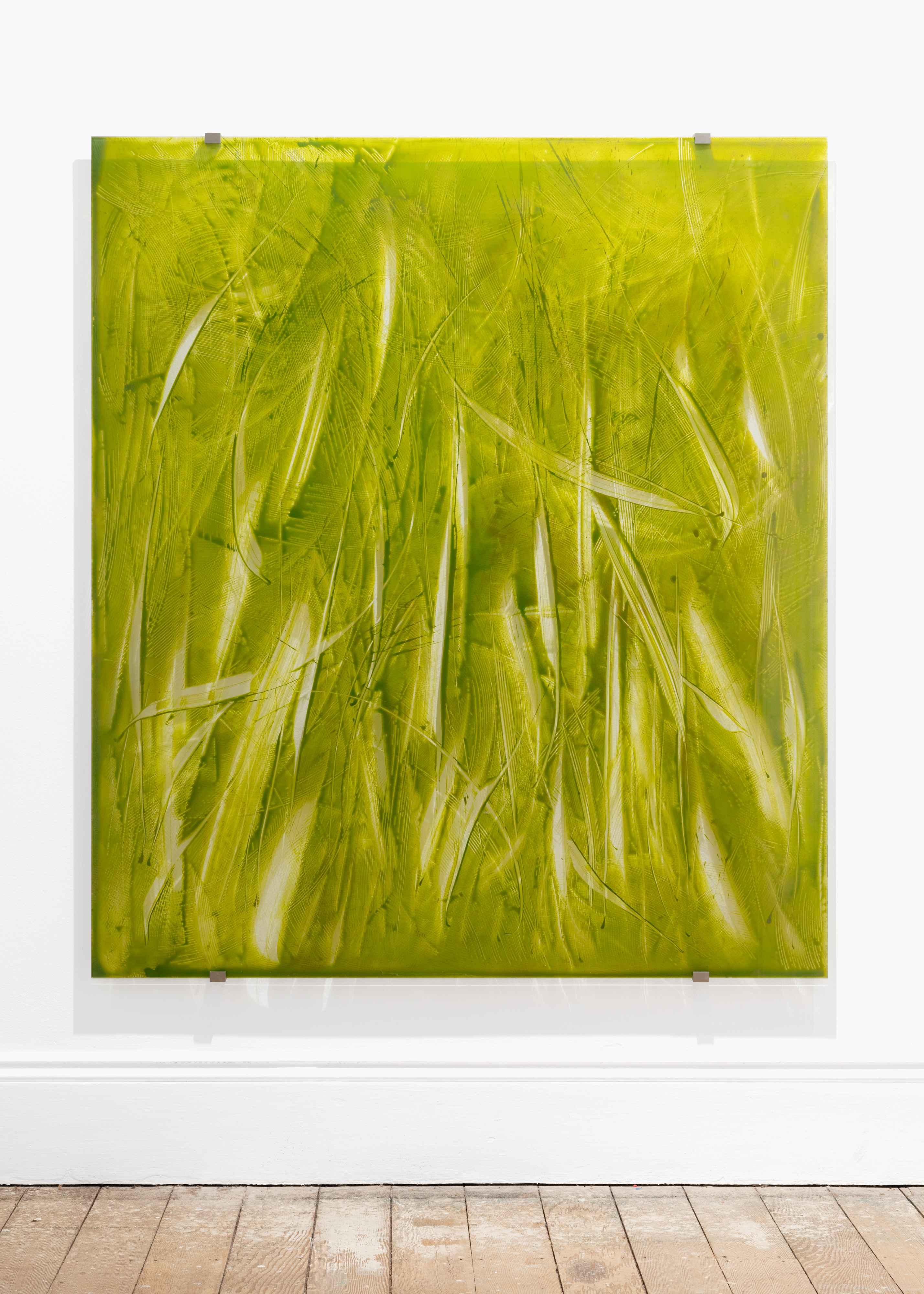 Firefly that sparks and goes out, 2024, acrylic paint on glass, copper, gold, phosphorescence 160 x 140 cm