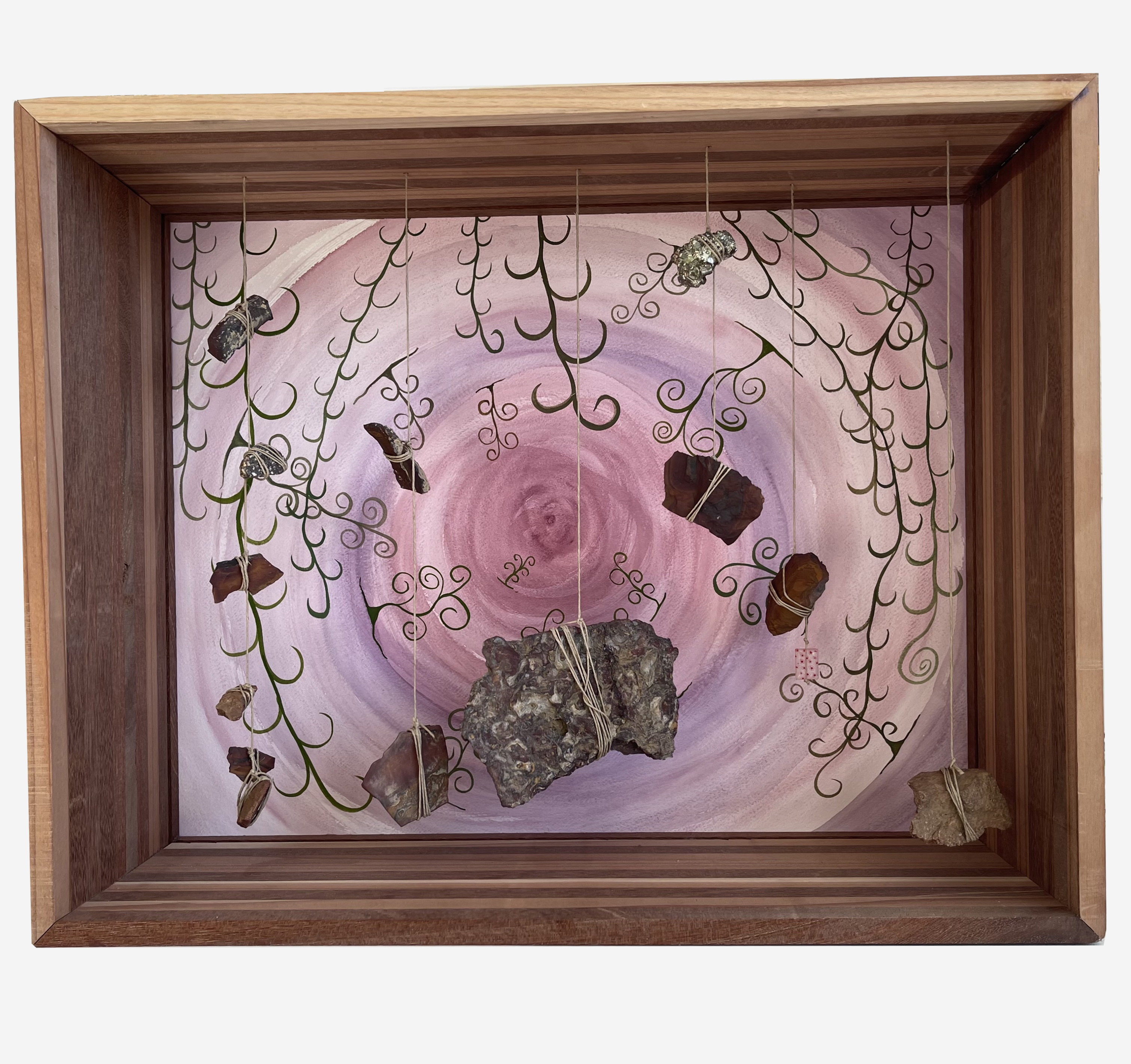 Cosmic Gardenia 2022 40 cm x 50 cm x 16 cm Ipe wood, Redwood, Rocks, watercolor and gouache on paper 