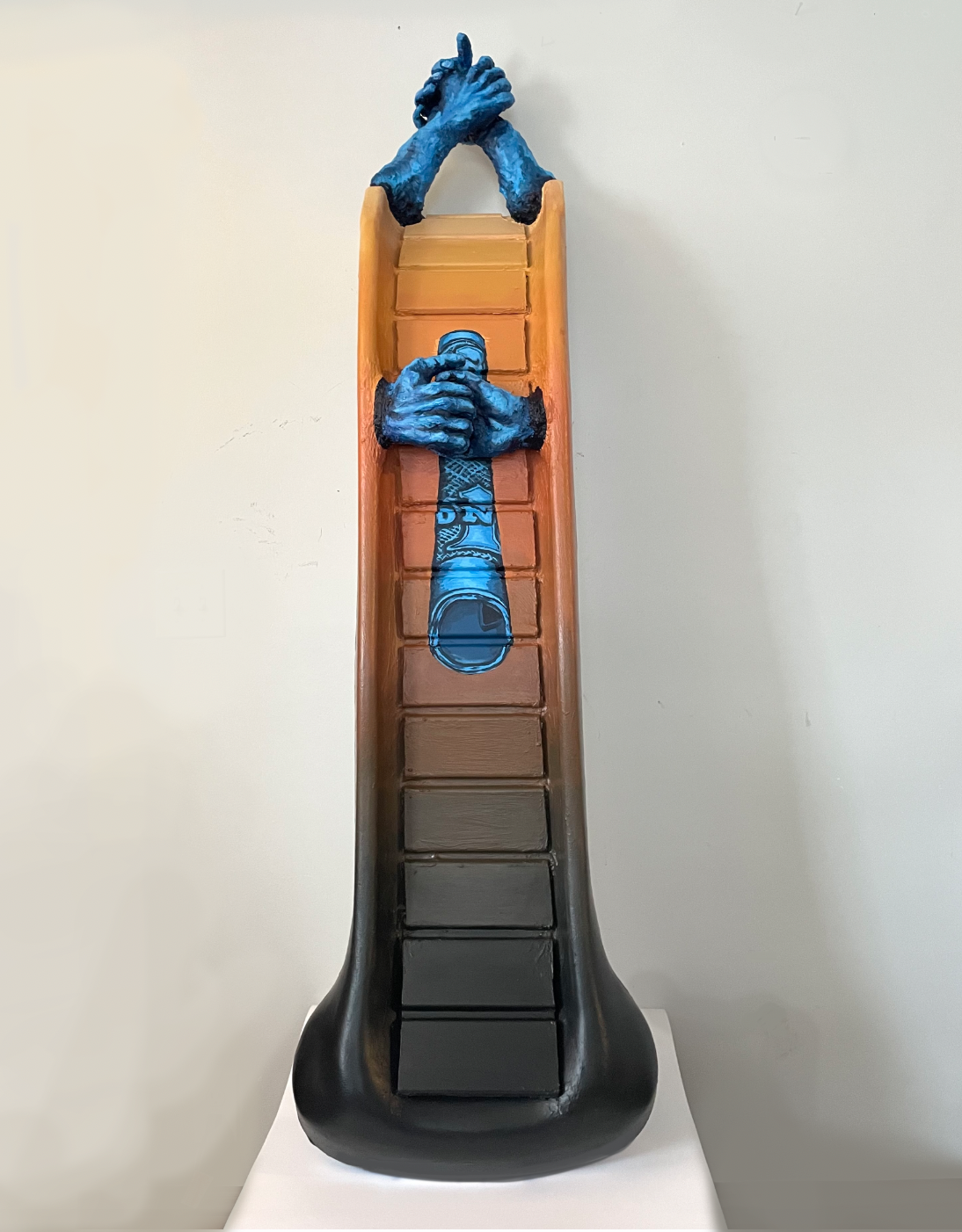 Slippin’ and Slidin’ (Dap Me Up) 2022, 13” x 70” x 15” Acrylic paint on air-dry clay, vinyl house siding, Little Tikes plastic slide