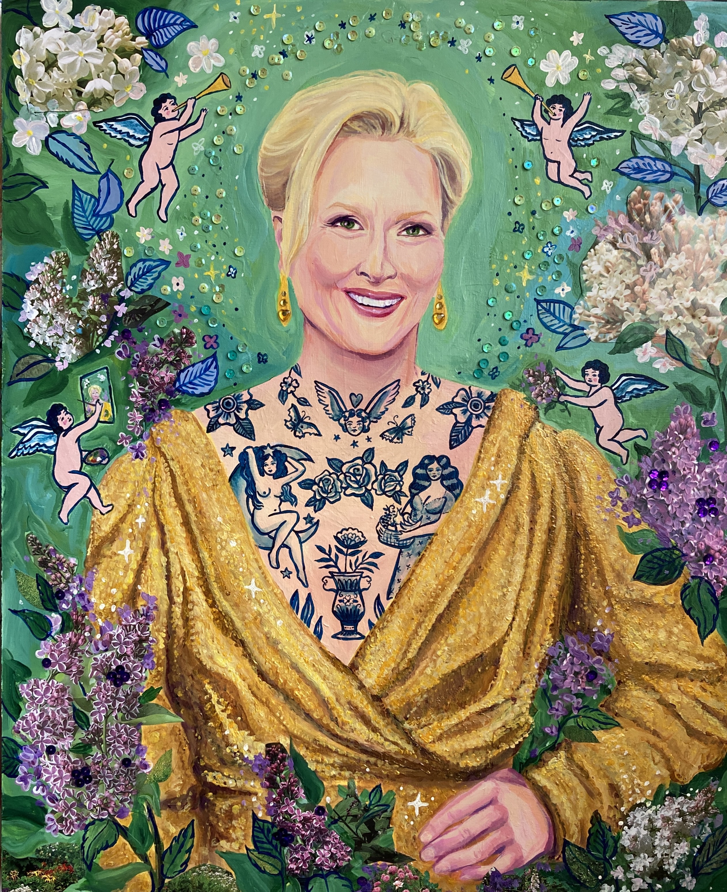 Meryl Streepacrylic, sequins, glitter, hand-cut collage on wood panel, 20x24 inches, 2023.