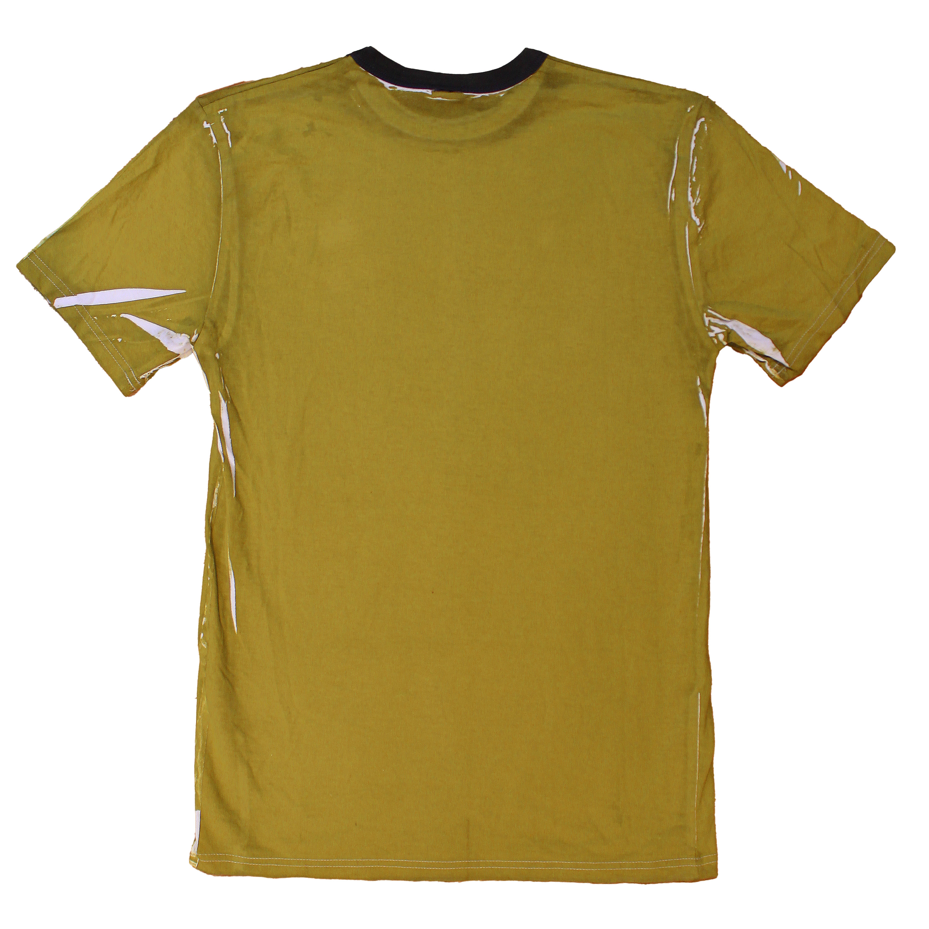 reclaimed vintage deadstock 70s ringer tee allover printed with dye. creases are unpredictable and vary from tee to tee. 