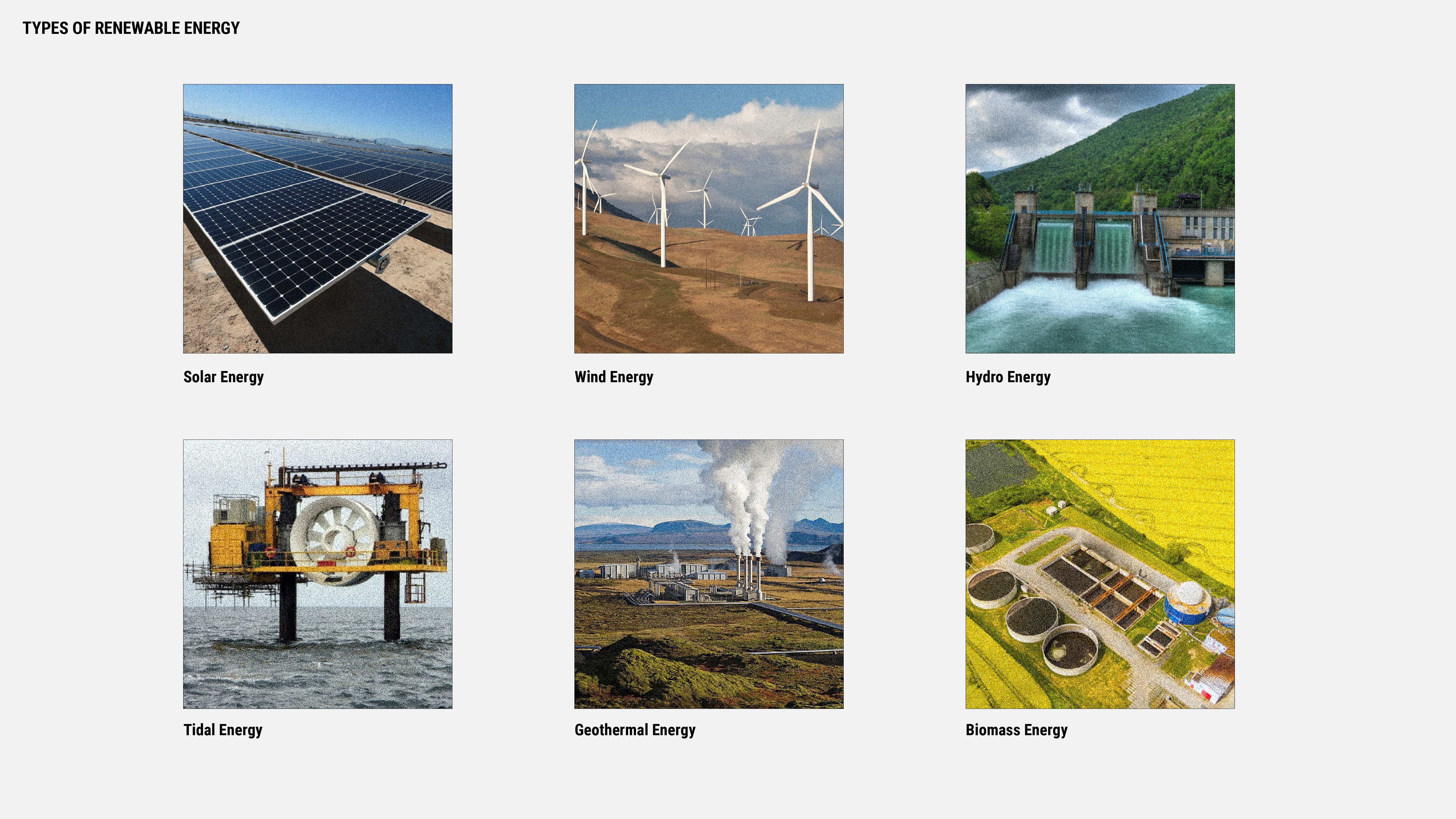 Figure 1. Renewable energy production includes solar, wind, hydro, tidal, geothermal and biomass production. Drawings adapted from: Roberts, David. “What made solar panels so cheap? Thank government policy.” Vox. Dec 28th, 2018. National Geographic staff. “Wind Energy.” National Geographic Resource Library. Power Technology Staff. “World’s biggest hydroelectric power plants.” Power Technology. March 5, 2021. McFadden, Christopher. “The Future of 'Green' Might Be the Deep Blue Sea.” Interesting Engineering. January 21, 2021. Unwin, Jack. “What is geothermal energy?” Power Technology. January 28, 2020.