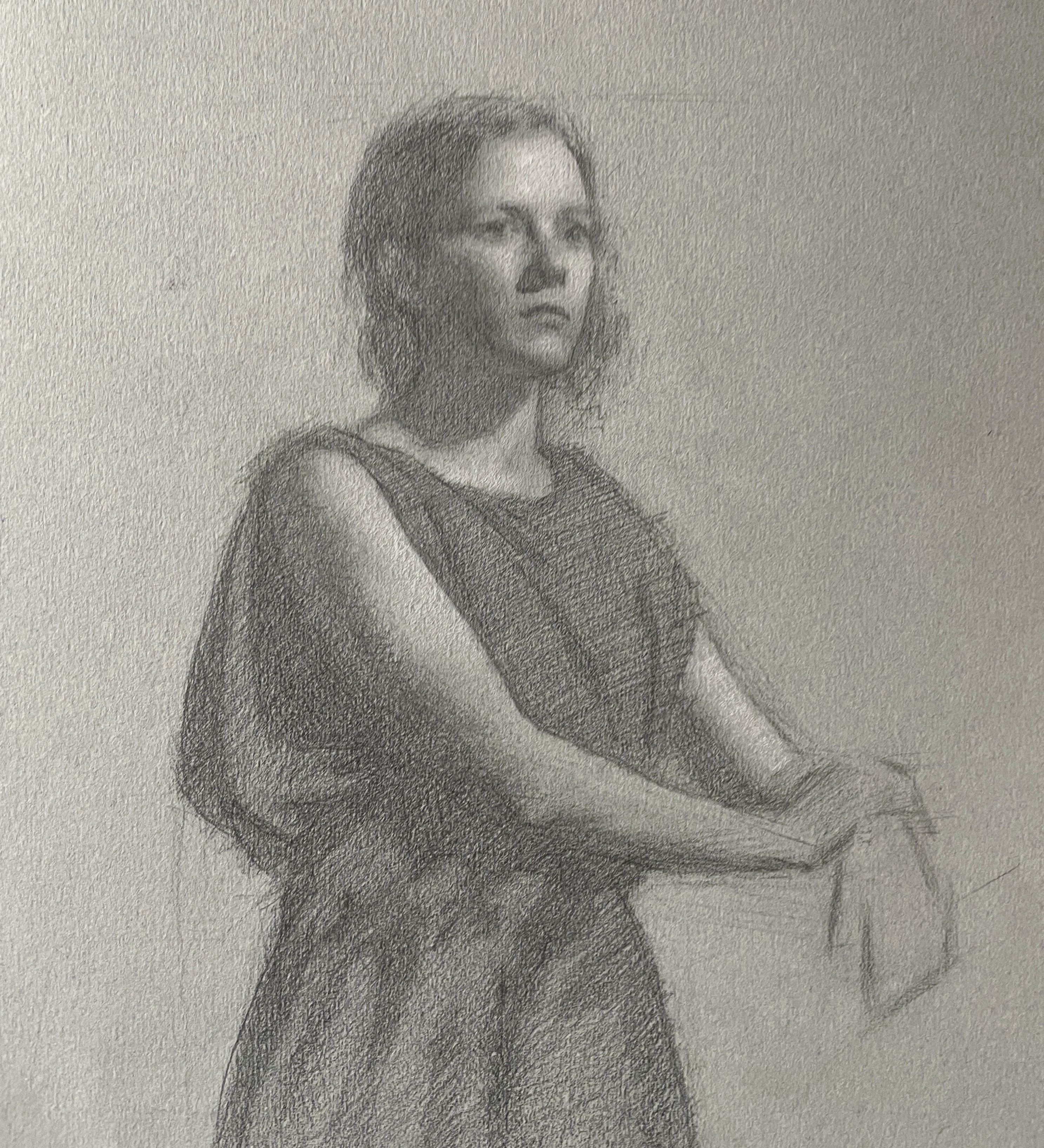 Draped Figure Study, 202517"x11", graphite & white chalk on toned paper