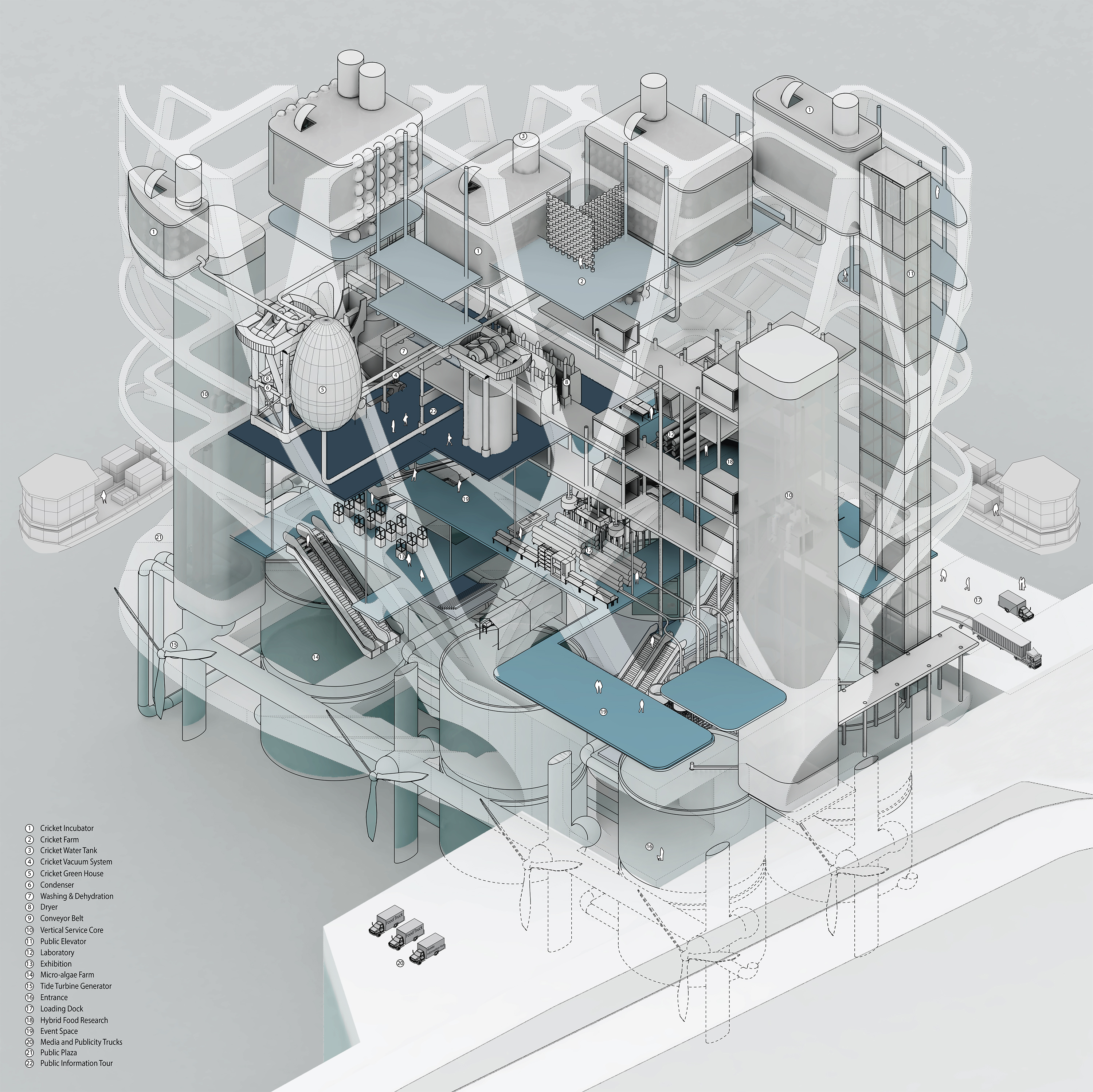 The embodied building form divides the futuristic infrastructures into 3 levels. First, the micro-algae farm, also the feeding factory for Cricket are located underwater below and the overall structure. The ground level and the landscape in front of the structure are designed as hybrid-exhibition space for the public, where we exhibit, share and celebrate innovative types of protein resources. The factories, and laboratories supported by the skeleton structure, expose itself to the surrounding allowing full absorption of natural resources for manufacturing and also engages and welcomes visitors to experience innovative features.