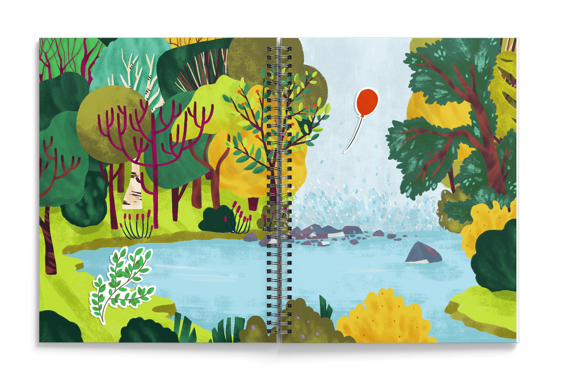 Landscape of a waterfall in the woods and a red balloon