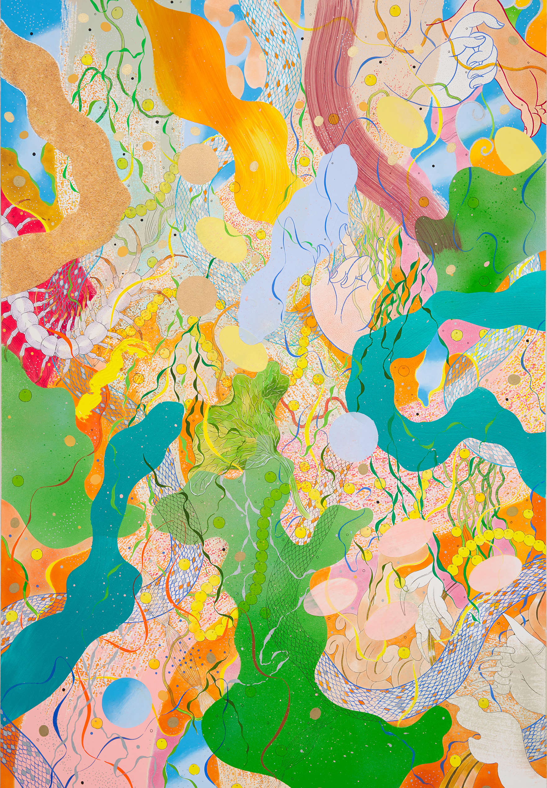 Maya_2021_Acrylic, crayon, gold pigment, gouache, ink, marker, pen and sand on paper, mounted on wood panel_60.6 x 90.9 cm.