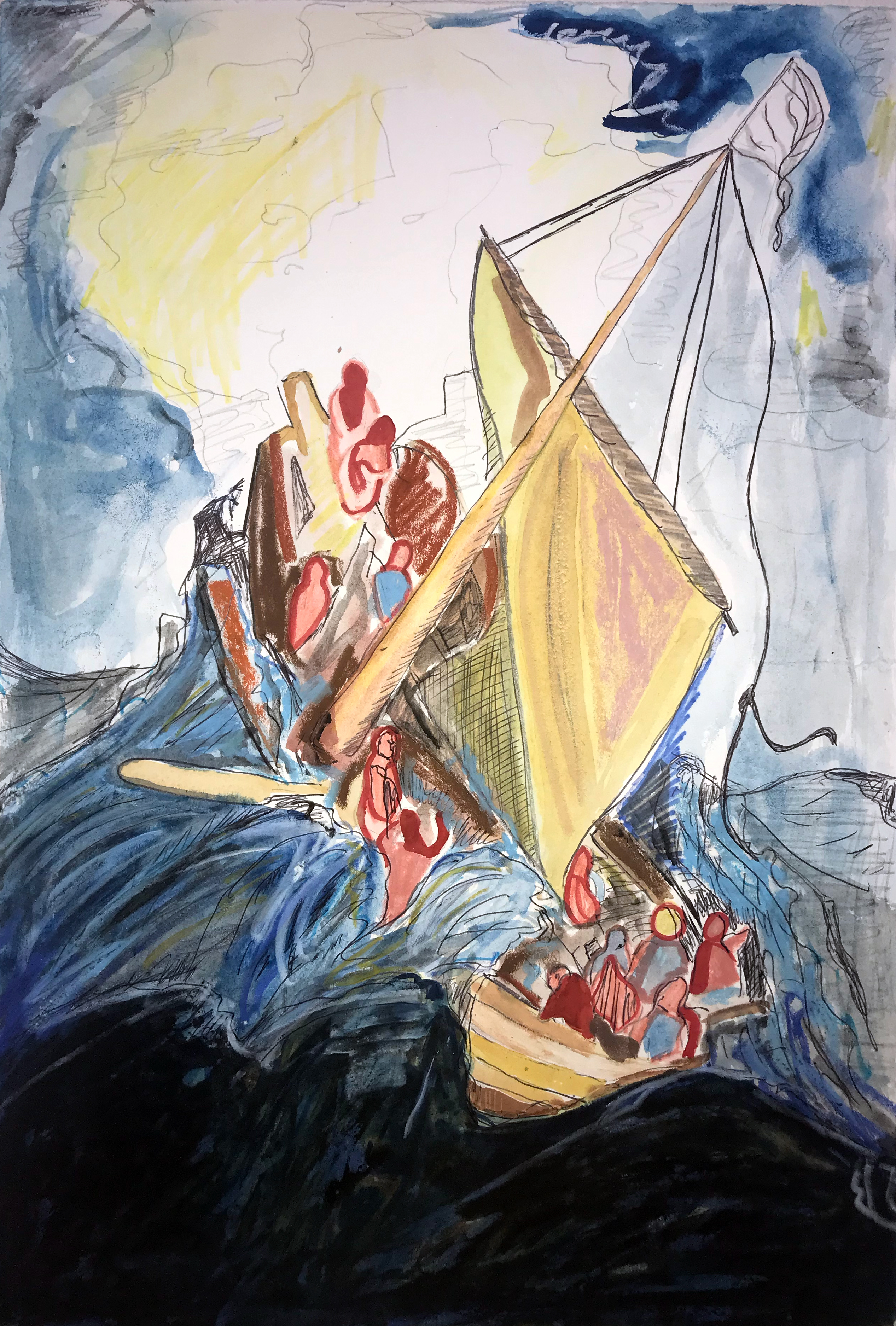 Adrian Fortuin, "Storm on the sea (study)", 2021, Watercolour, gouache, marker, oil pastel, pencil and pen on paper, 50 x 34 cm