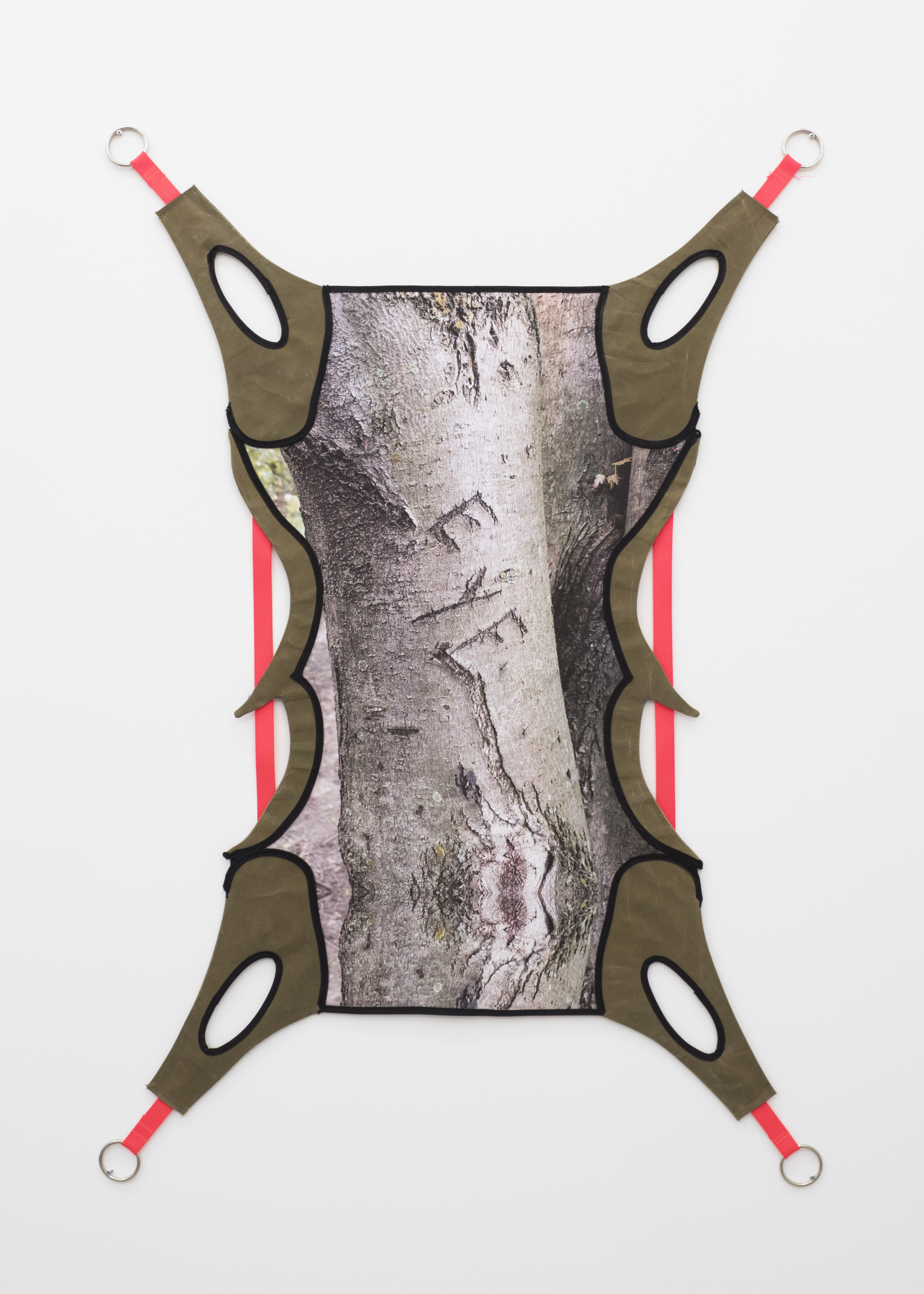 Chicago Gears (watchful and solicitious) ; Photographic print on bull denim, nylon webbing, waxed cotton canvas, steel rings. Photography: Prairie 