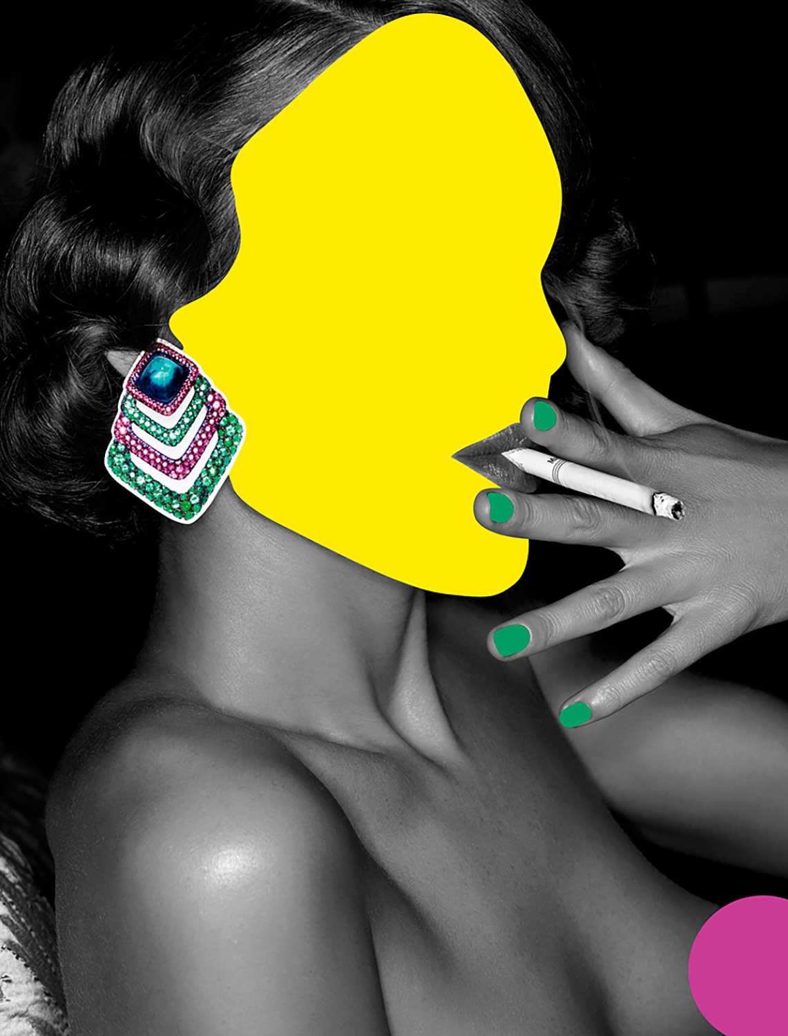 KMA photographer Isabelle Bonjean shoots photograph of woman smoking cigarette with a yellow face for Vogue Japan