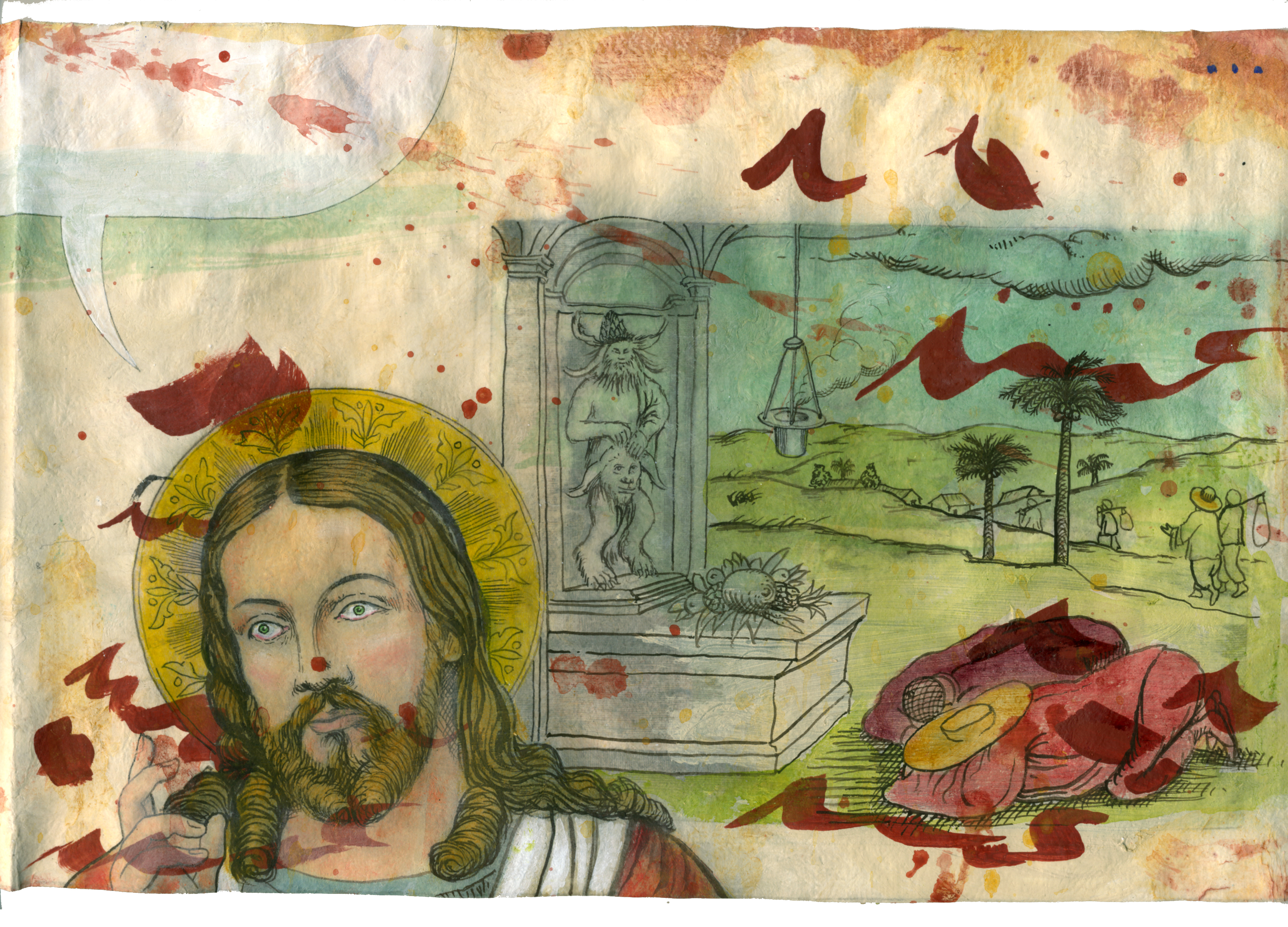Enrique Chagoya: Codex Cosmovisionarius, 2006; acrylic, water-based oil paint, pencil, solvent transfer, and gesso on ten 19th-century etchings; 15 1/2 × 122 × 1 3/4 in. overall; BAMPFA, bequest of Thérèse Bonney, Class of 2016, by exchange.