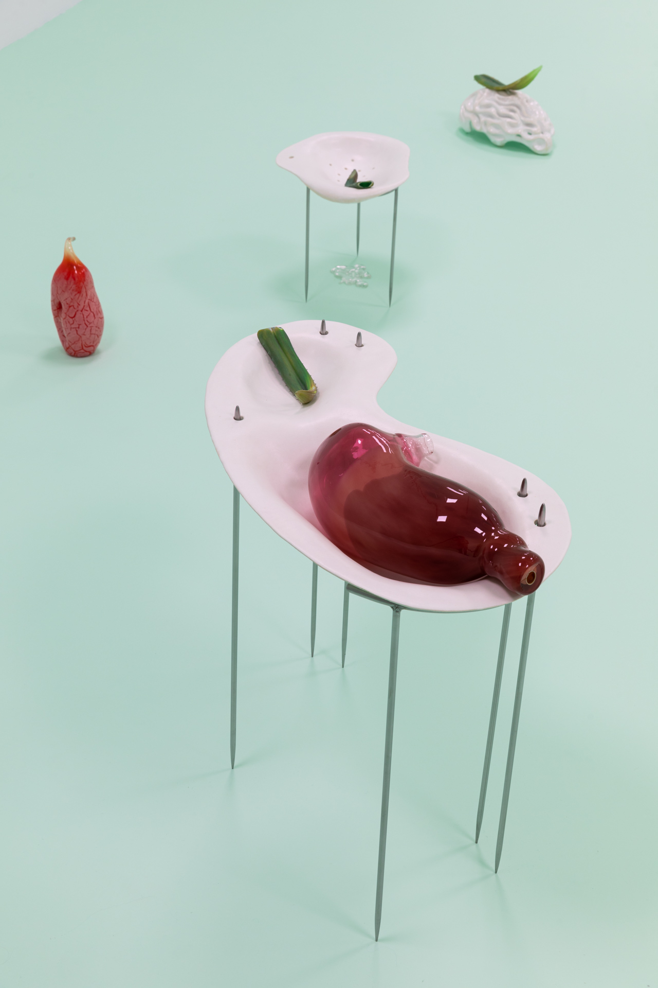 Balsam, glazed ceramics, steel, blown glass, sandblasted glass, hardware