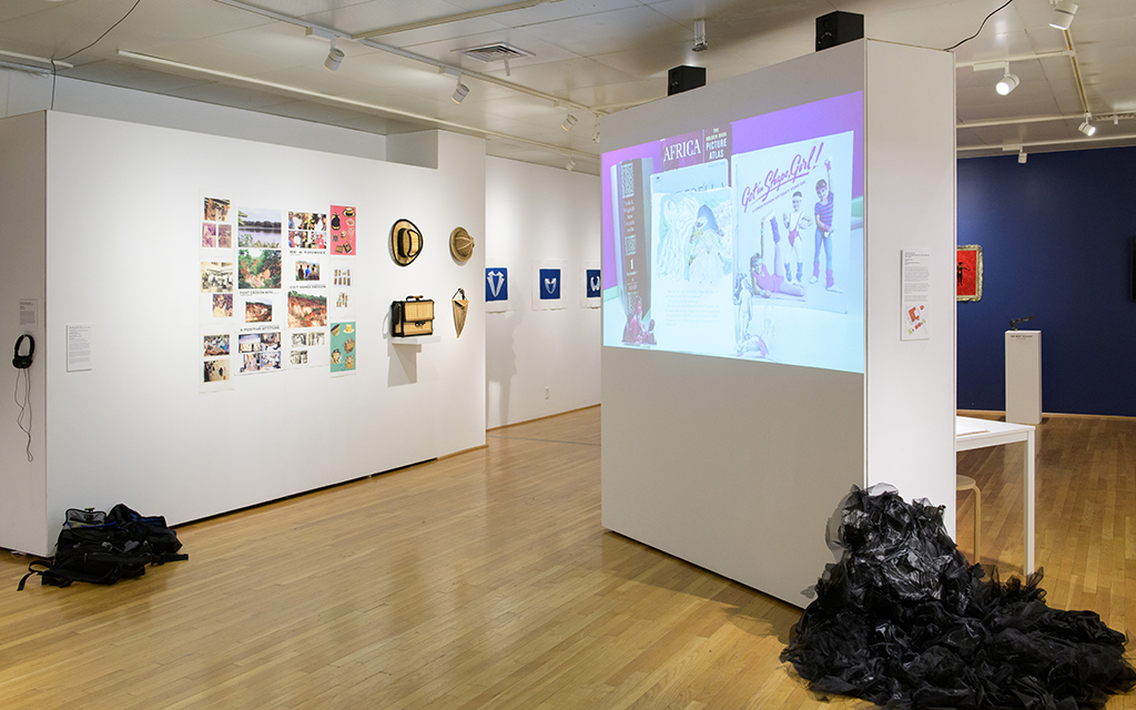 Exhibition view left to right: Okechukwu Okegrass Ofiaeli, Natali S. Bravo-Barbee, Damali Abrams the Glitter Priestess, Elizabeth Velazquez