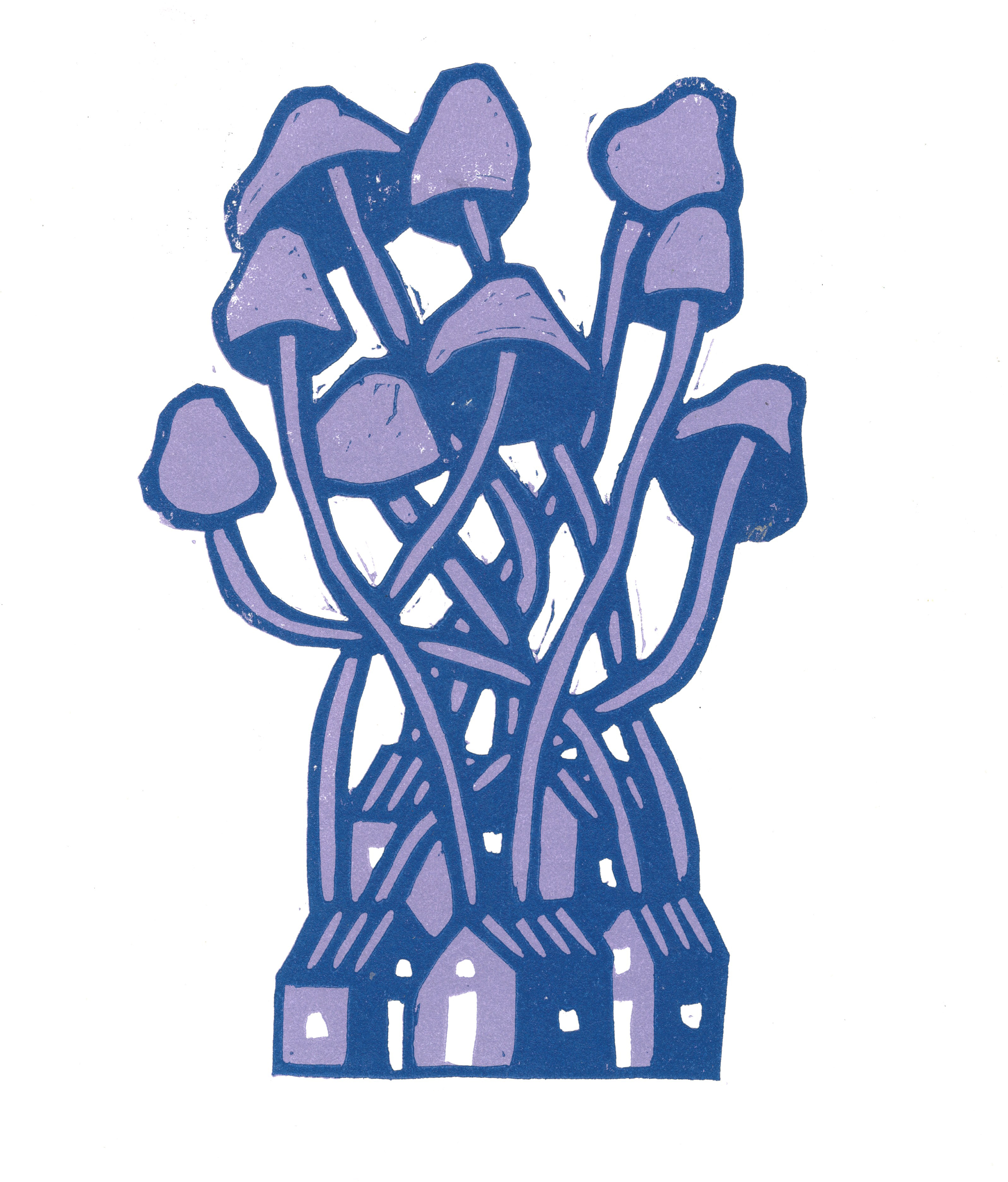 Neighborhood, two-layer reduction linocut