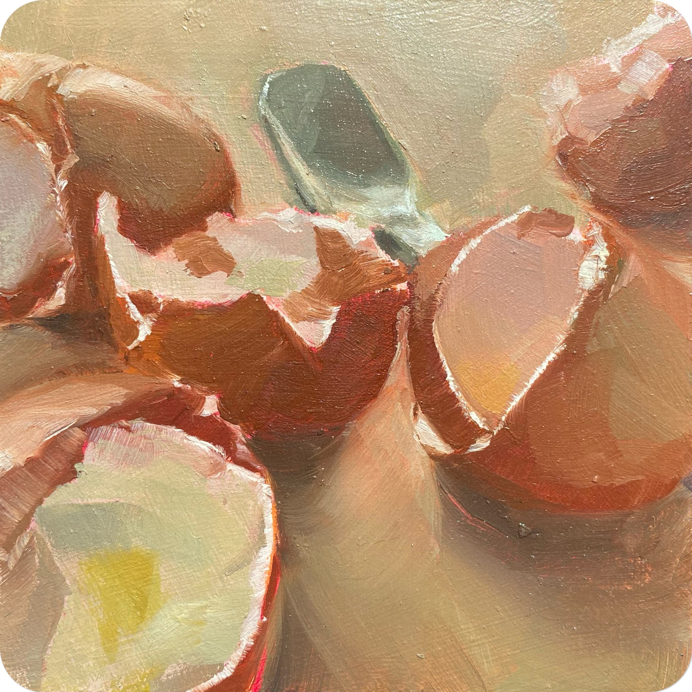 long time no egg, 202410 x 10 cm oil on MDF coaster