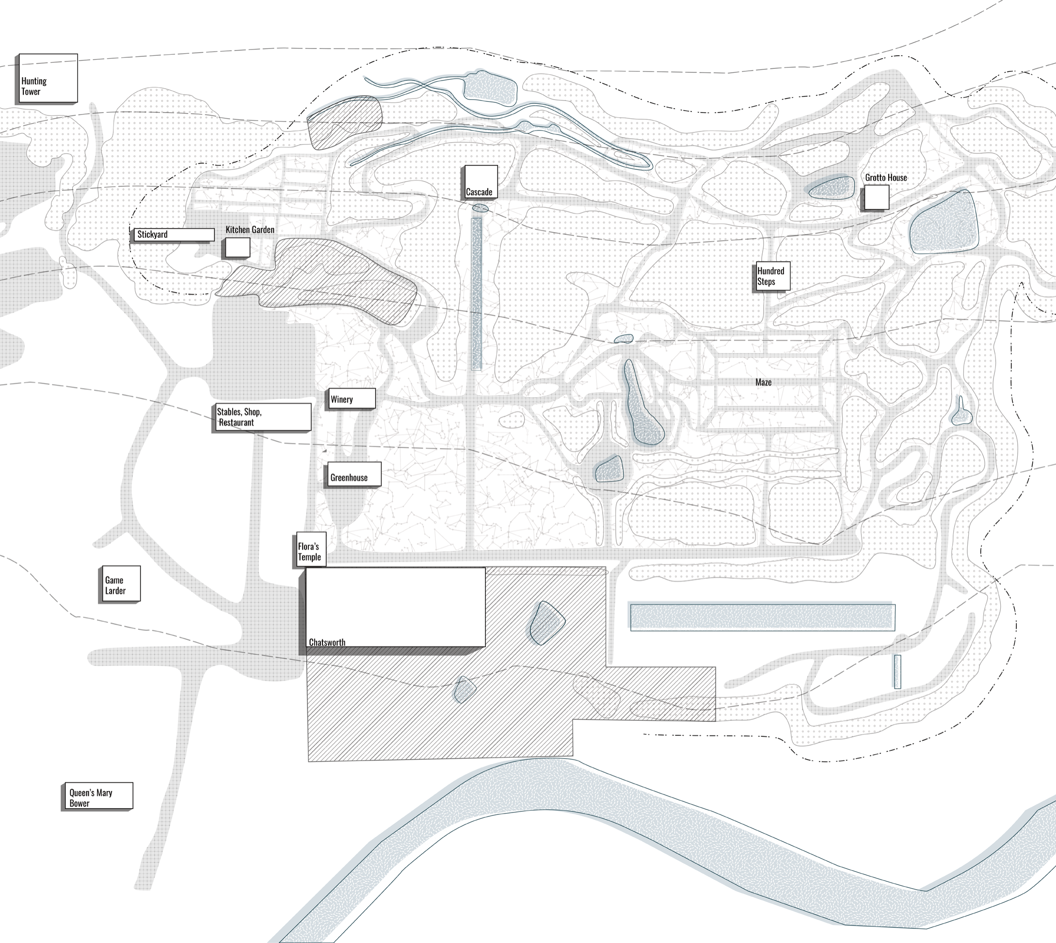 Chatsworth main plan, depicting location of all the buildings, with main paths, restricted areas, and bodies of water.