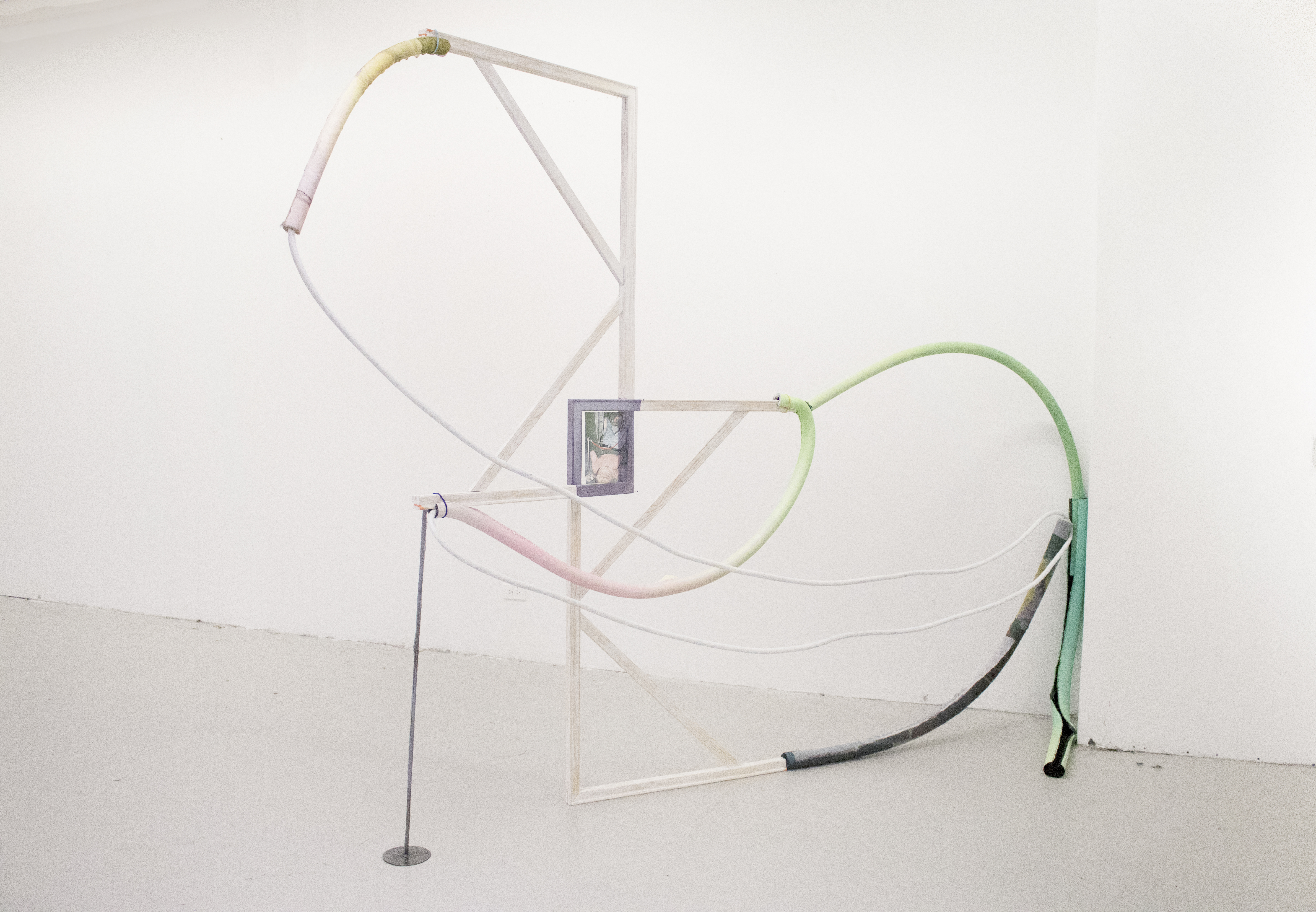 Chimera , laser print on fabric, laser print on transparent paper, acrylic, stretcher bar 48 60 in, steel rod, spray foam, sponge rubber, 80 x 120 in, 2017