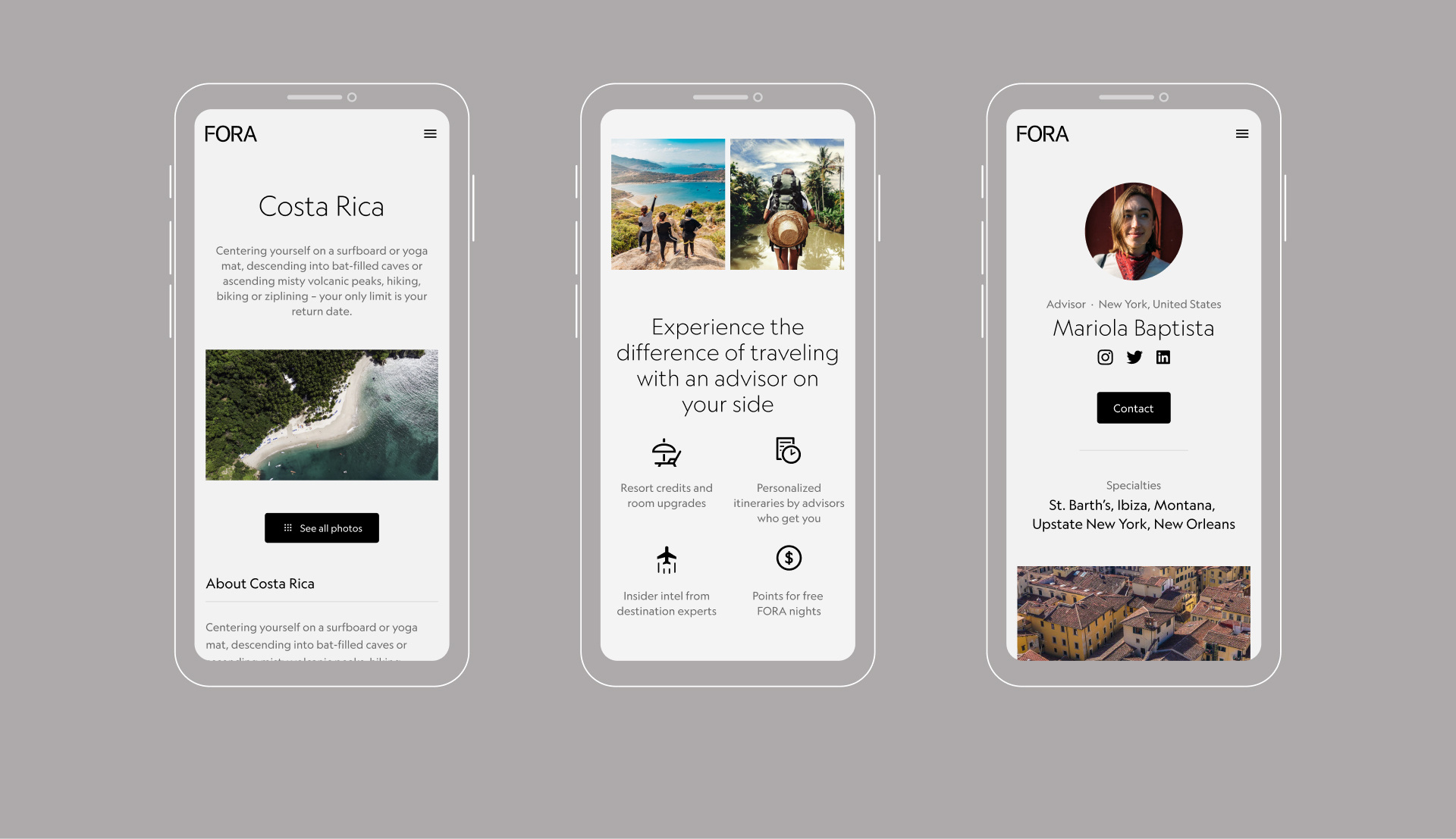 Top: Destination and advisor page. Middle: Itineraries page. Bottom: Fora mobile screens