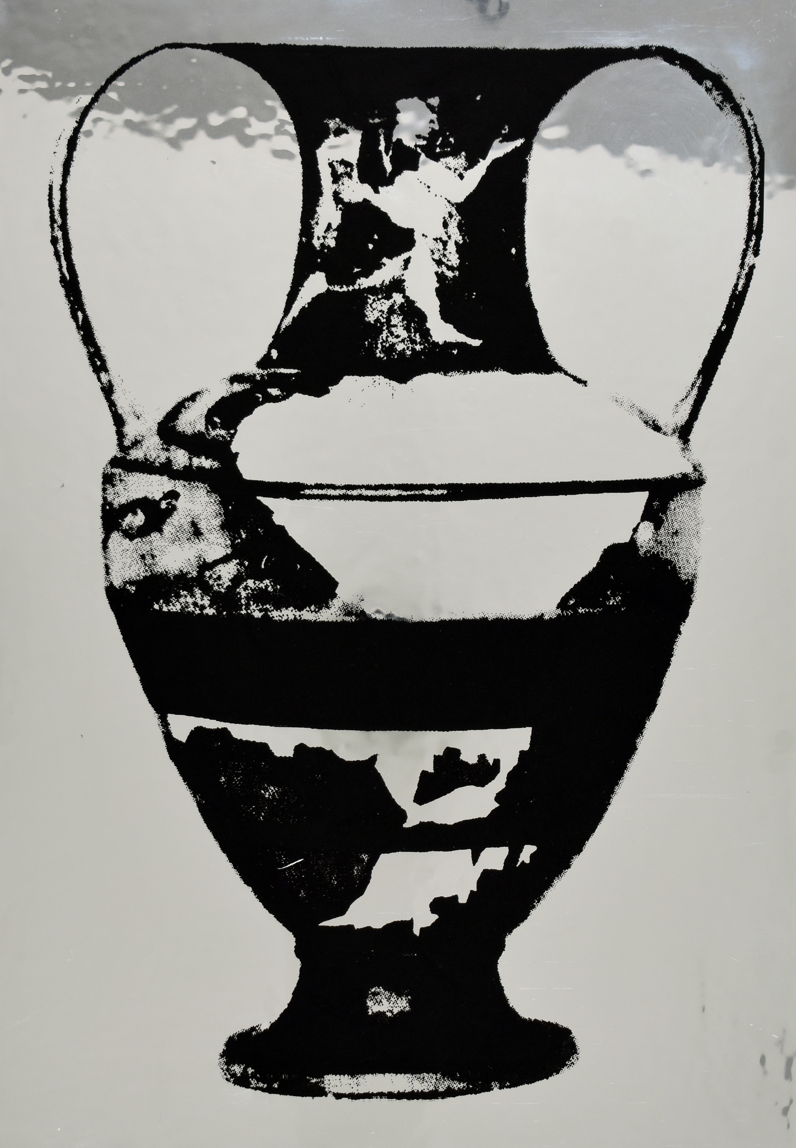 302760 (M.ND.01) AB1: Centauromachy, Centaurs, Warriors. AB2: Animal Frieze, Lions, Panthers, Sphinx. Neck A and B: Winged Goddess (Nike?). On Handle: Satyr, Maenad. On Rim: Dolphins. Shoulder: Satyr Between Eyes. Under Handle: Sphinx, Screenprint on double aluminized polyester film, 12.5 x 8.5 in., 2024