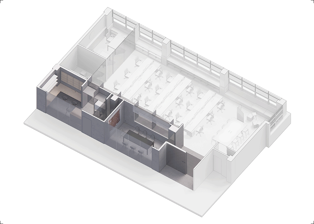 axonometric view highlighting the service bend in darker materials