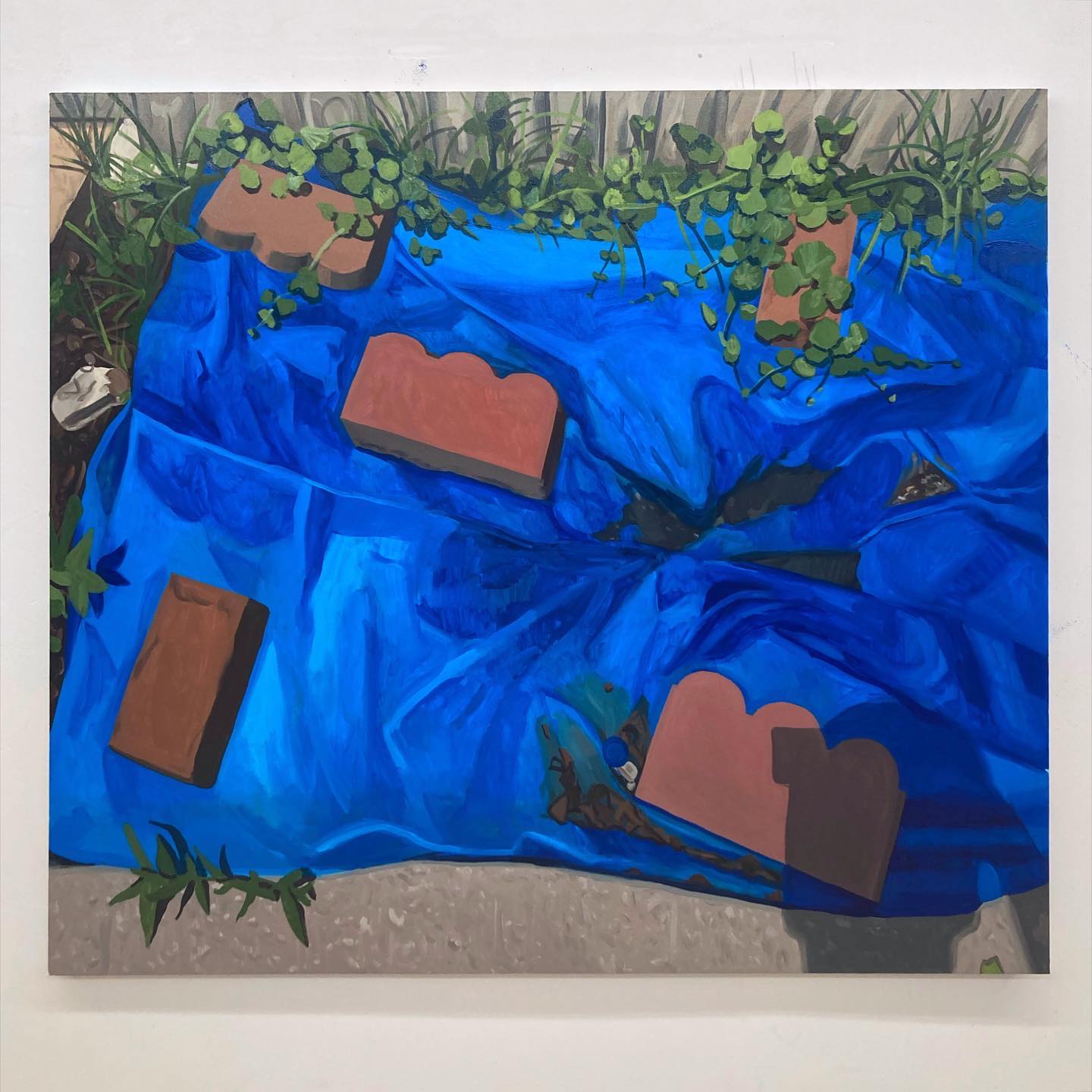 five bricks on a blue tarp / oil on canvas /