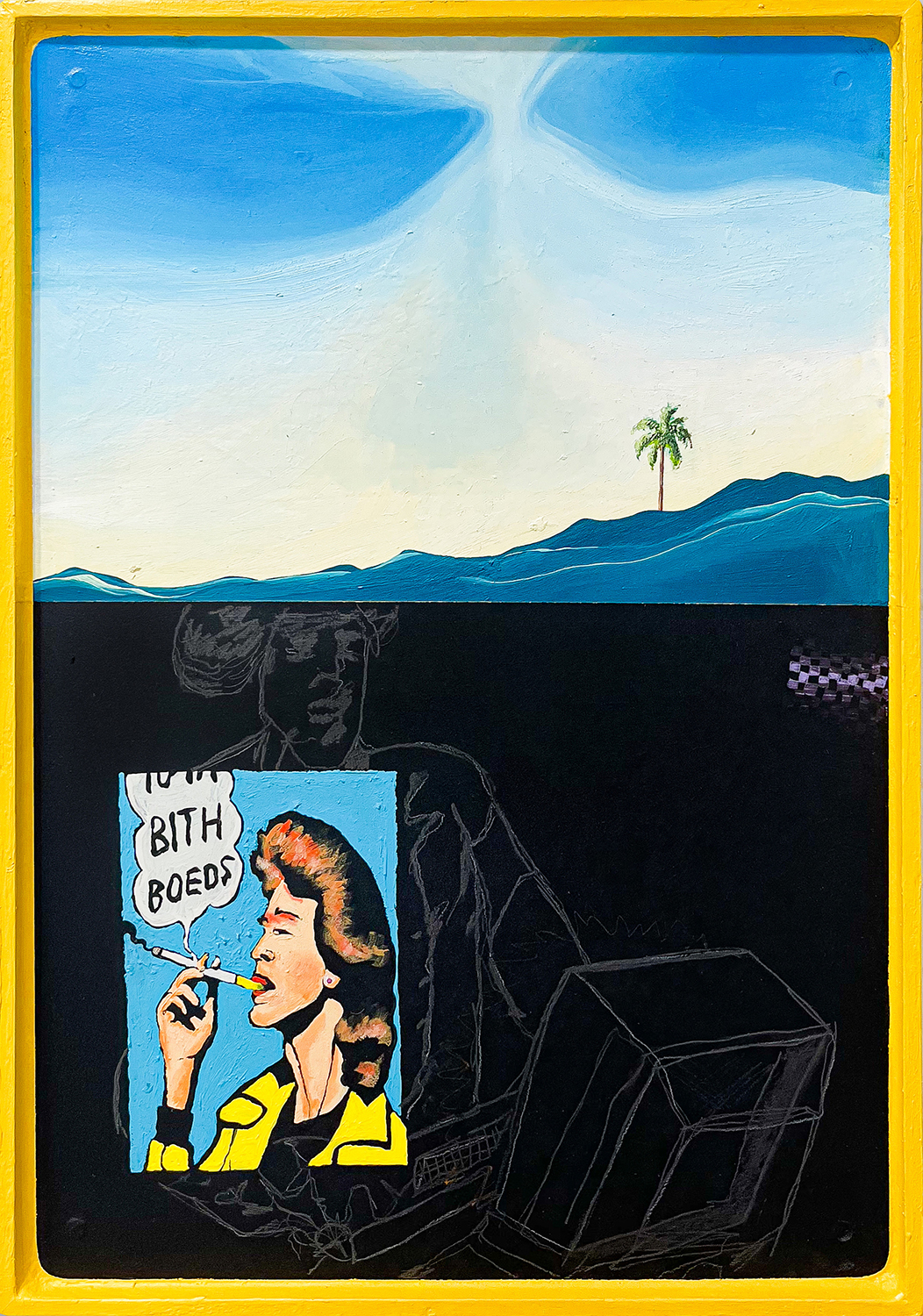 Samuel Richardson &ndash; In the light of a conk out, 2023, Mixed media on panel, 12.75 &times; 18.25 in