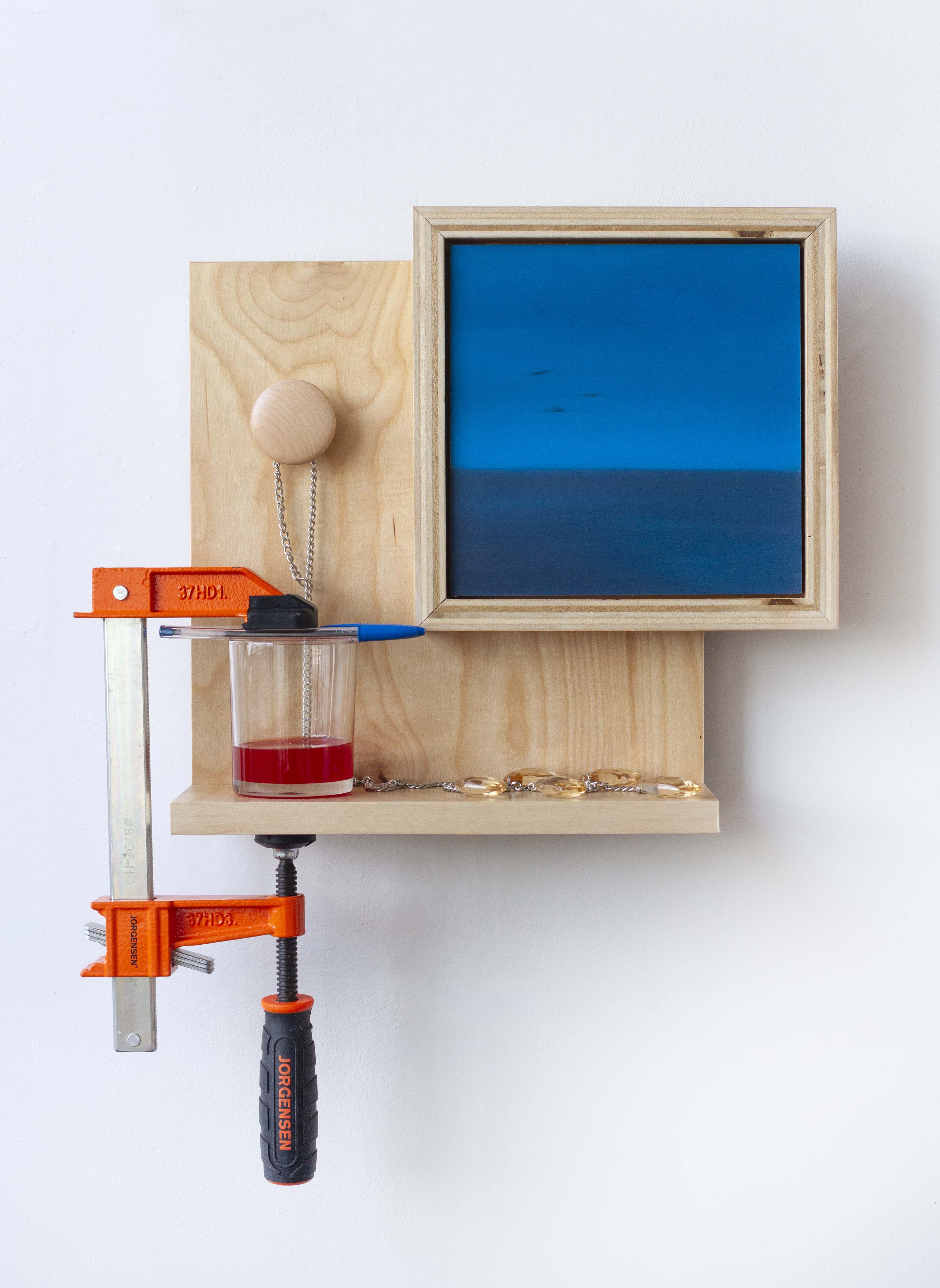 Retable for Practical Reverie, 2020, 24" x 16" x 5". Oil on panel, glass, epoxy resin, pigment, wood, polyurethane, steel, acrylic plastic, Bic Cristal pens, clamp 