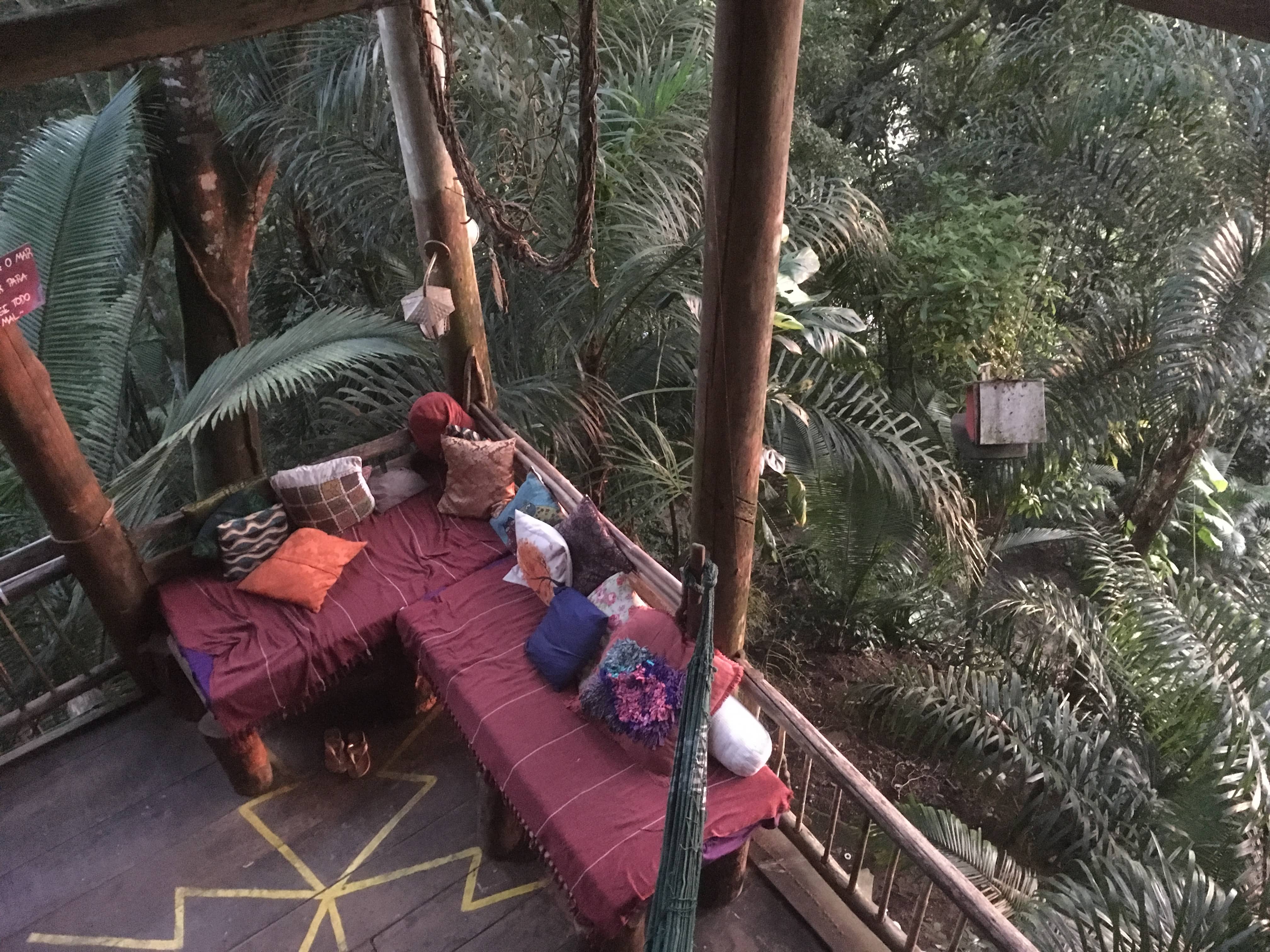 Comfy jungle tree house terrace at Remo Hostel, Brazil