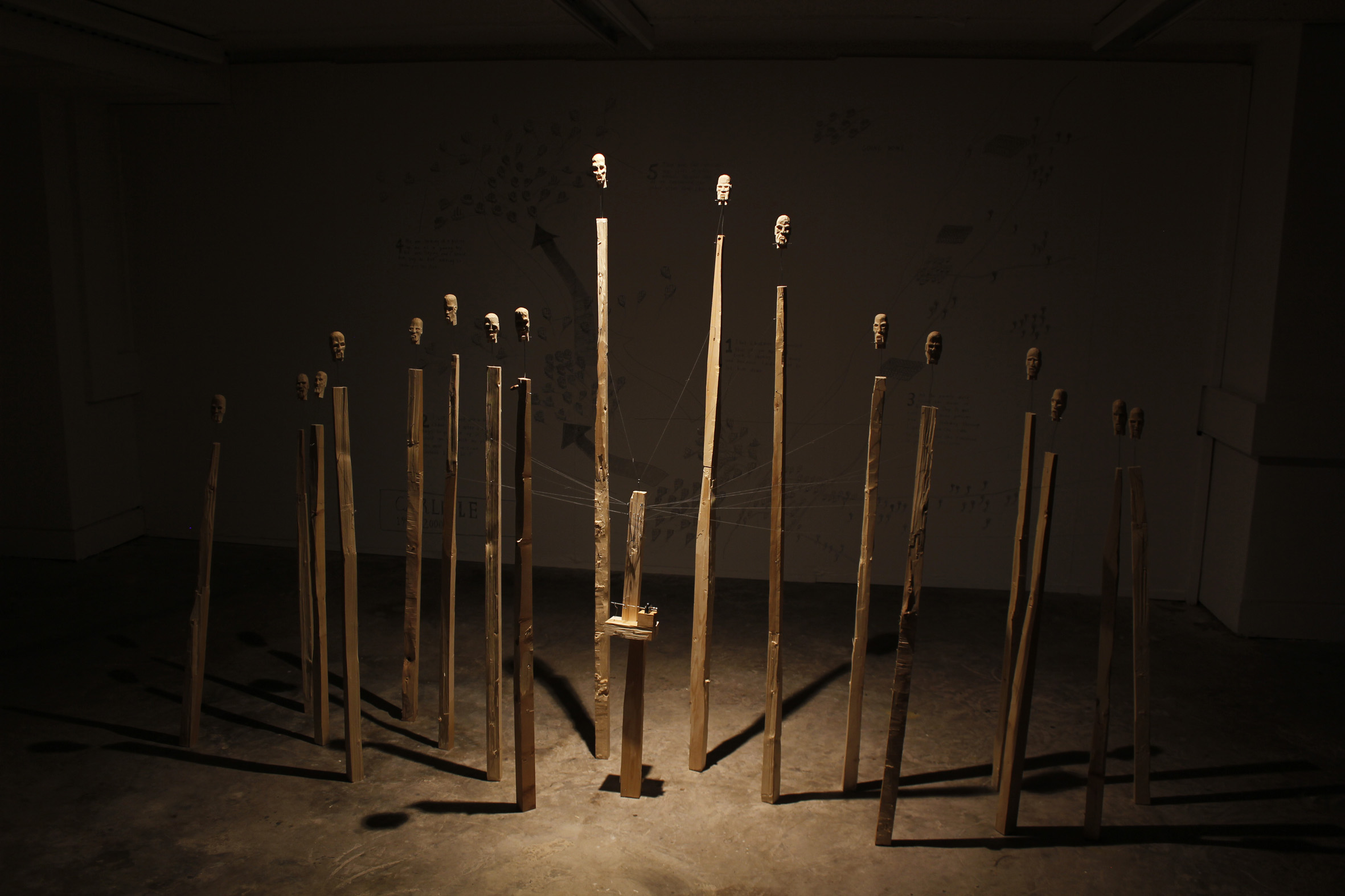 Complicity 2017. Kinetic sculpture Dimensions: 183 (h) x 320 (w) x 55 (d) cm Materials: Pine wood, thread, lace pins, steel wire, clockwork motor