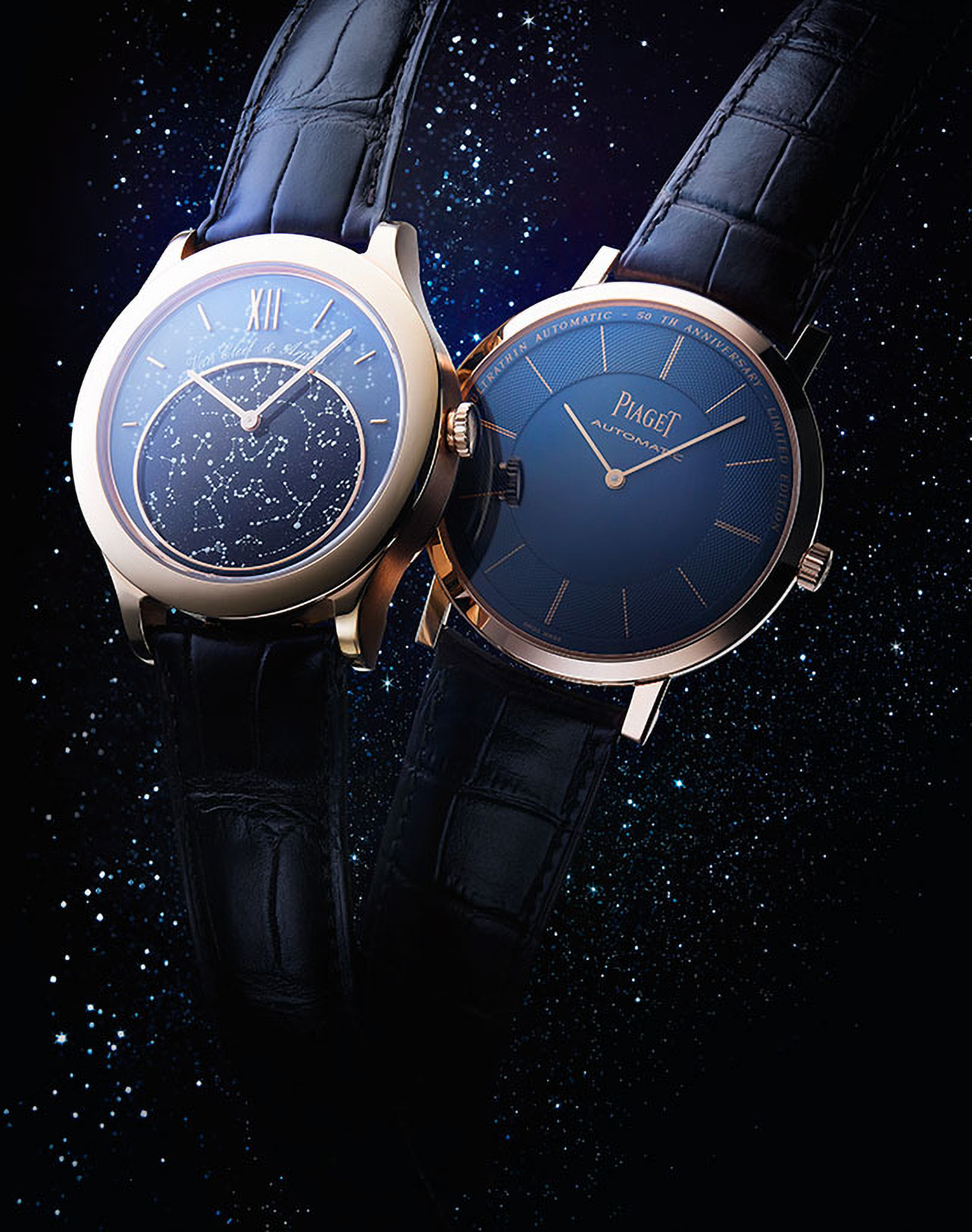 KMA photographer Daniel Schweizer photographs navy blue watches with a navy blue background with stars for Figaro 