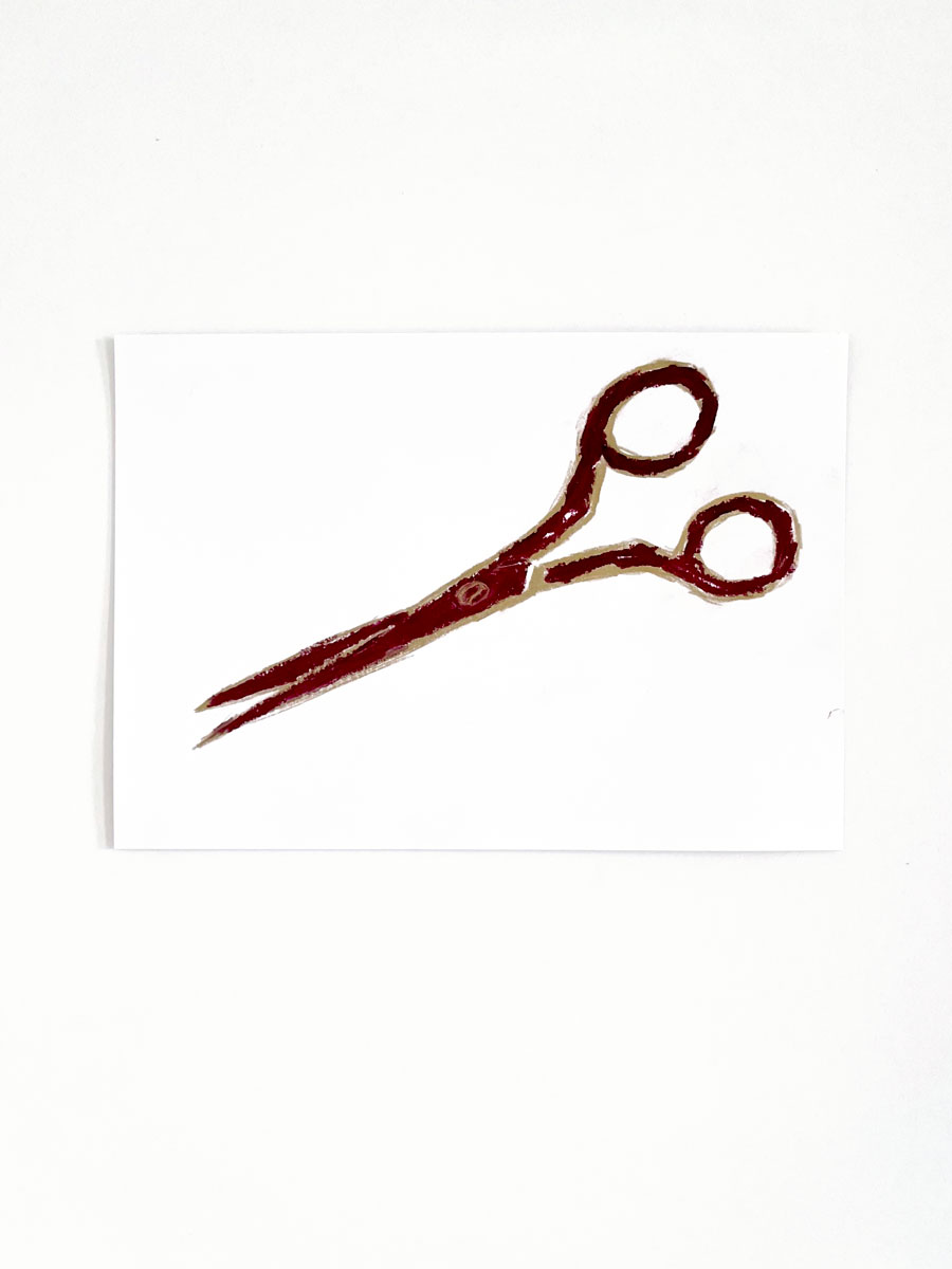 14/26 — SCISSORS.During her residency at the MQ21 in Vienna, Austria, as part of her Fulbright Independent Scholar appointment, Quinn began working on a companion drawing project to The Haircut while conducting new research on women's representation in media.  Charcoal, drawing pens and markers, oil pastel, paint, and pencil, the group of seventy-some drawings ranges in size from A5 to A2 on various papers; 2021-ongoing.