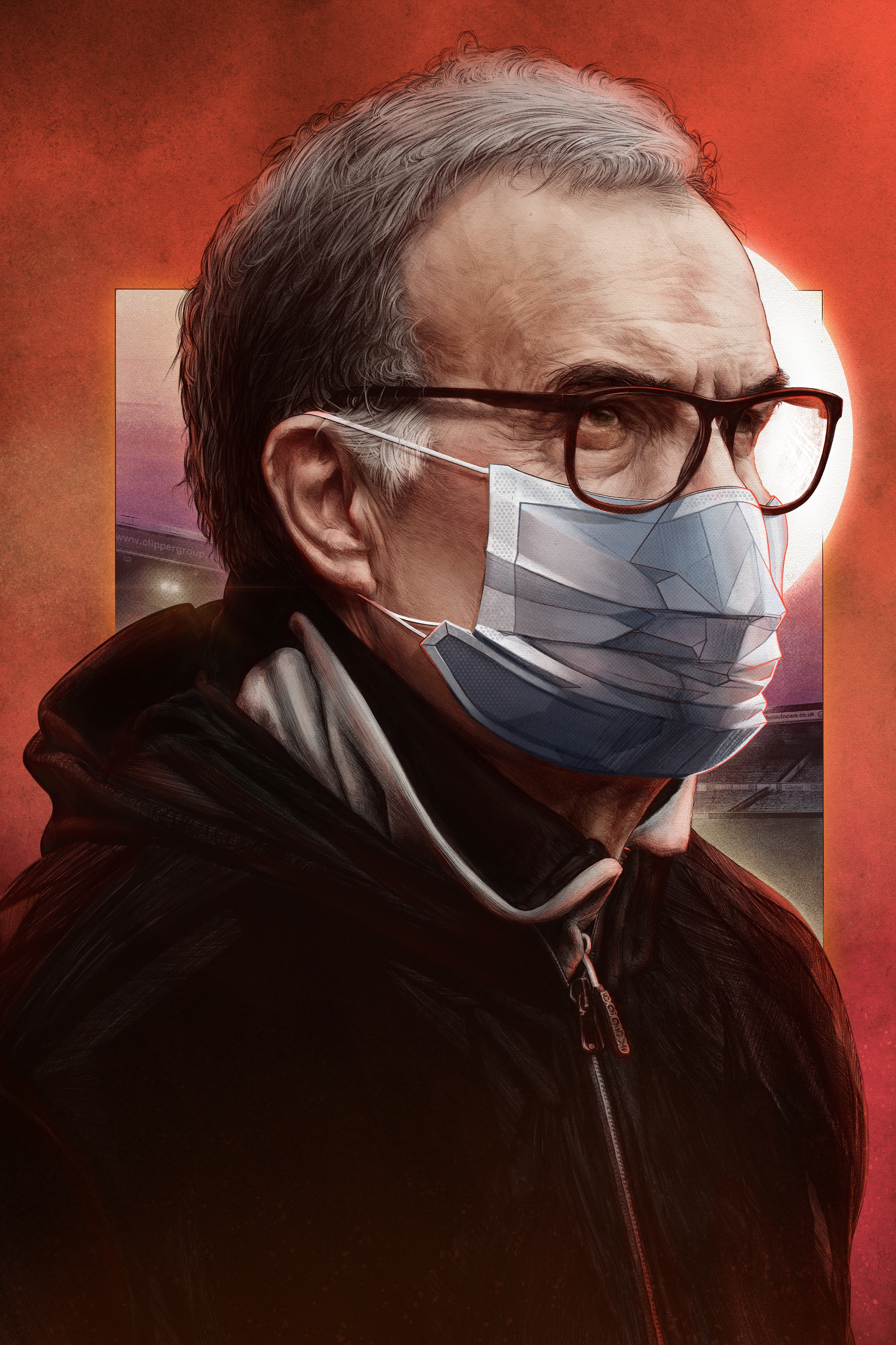 Pandemic-themed illustration of Leeds manager Marcelo Bielsa wearing a face mask in bold style, artwork by John Tregoning