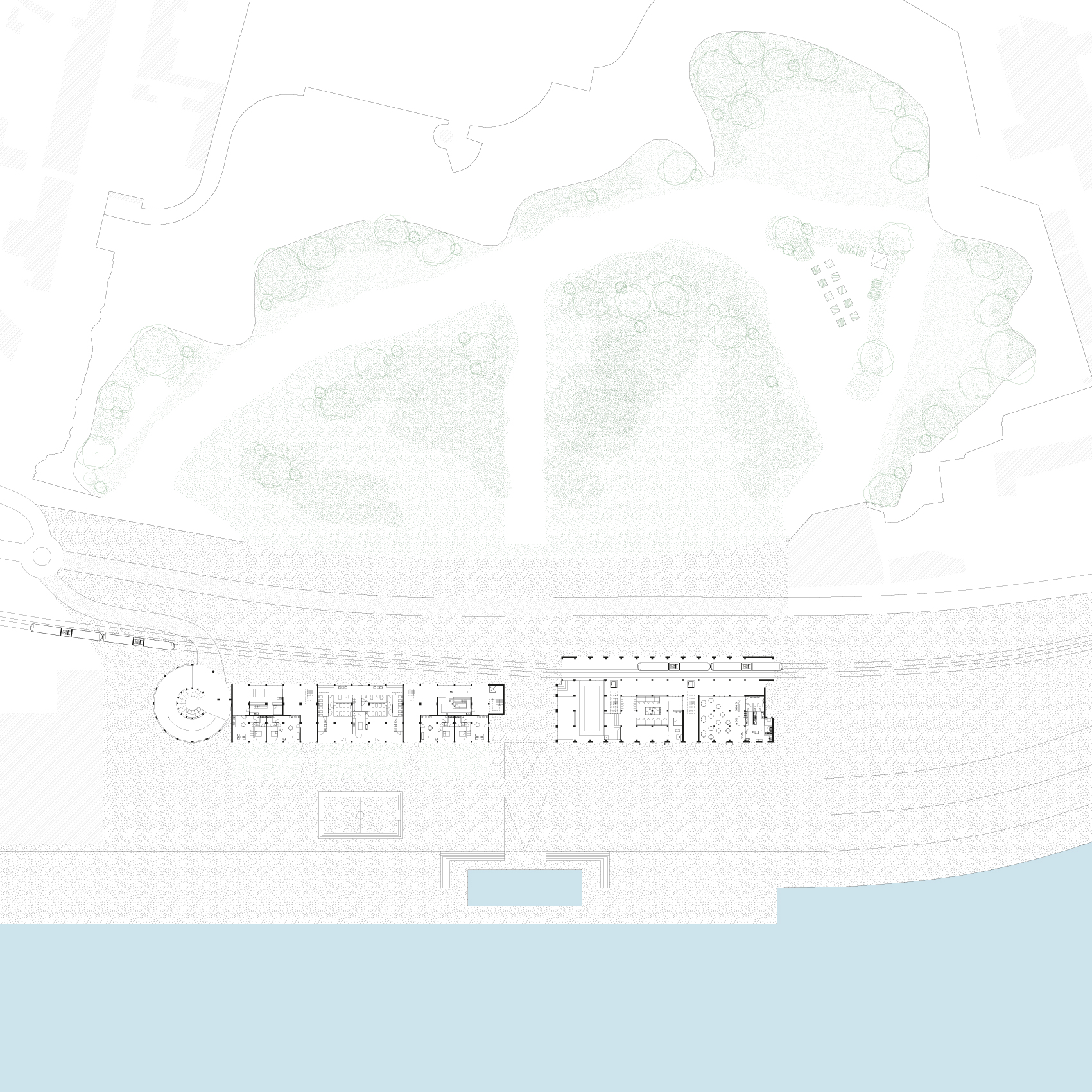 Plan du rez-de-chaussée et intégration à l'aménagement urbain du site