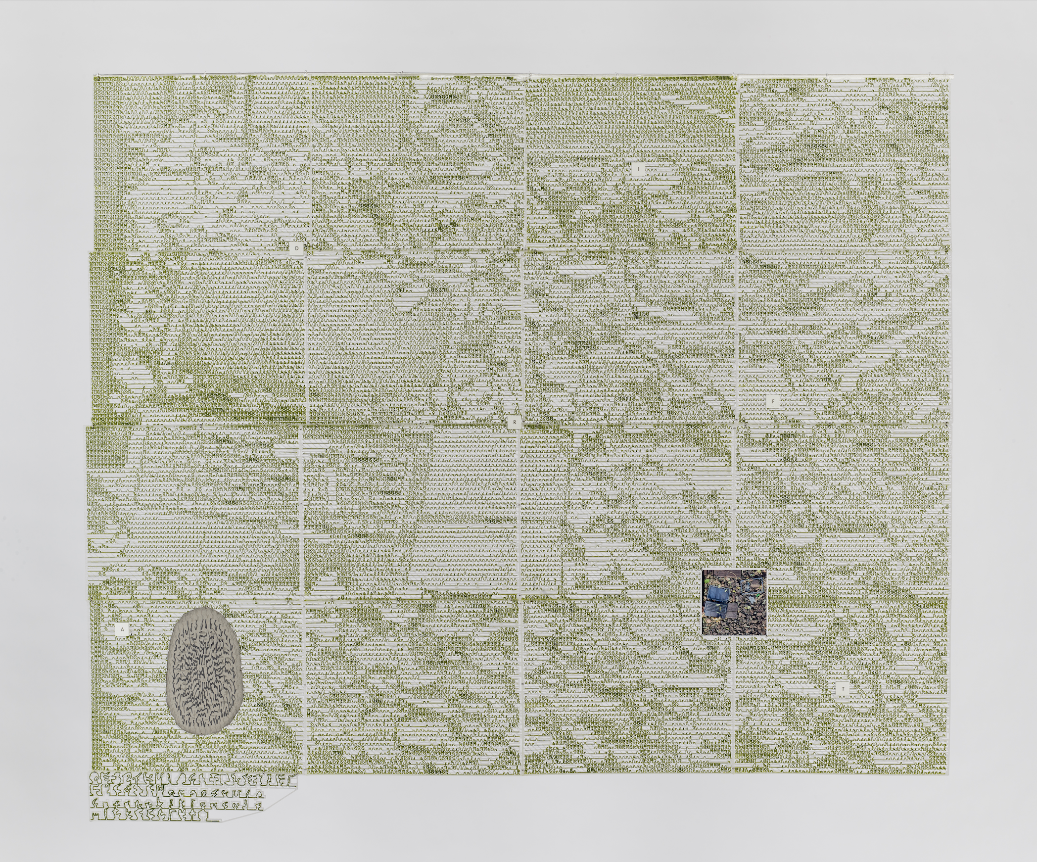 Adrift, 2025, 3d printed image, PETG, custom typeface/glyphs, wire, birchwood, paint, gel medium, photograph printed on aluminum, keyboard keys, and drawing on cut paper 38 1/8" x 32 3/4"