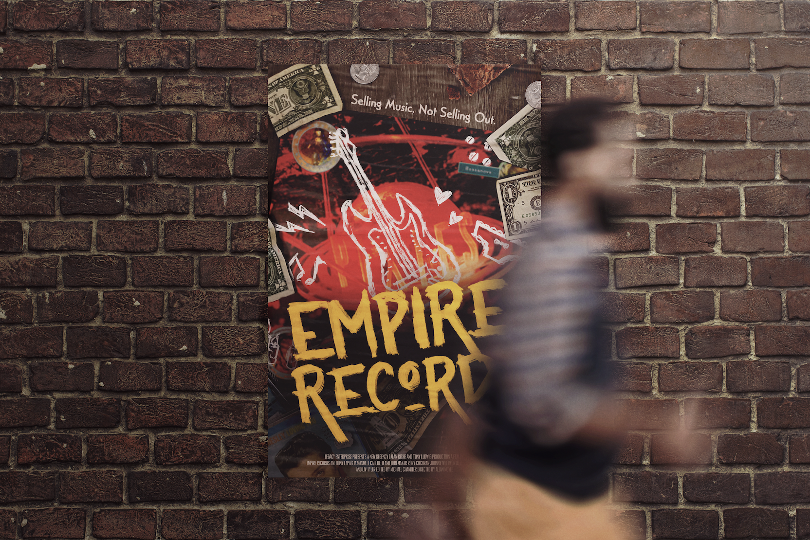 Mockup of the Empire Records movie poster on a brick wall.