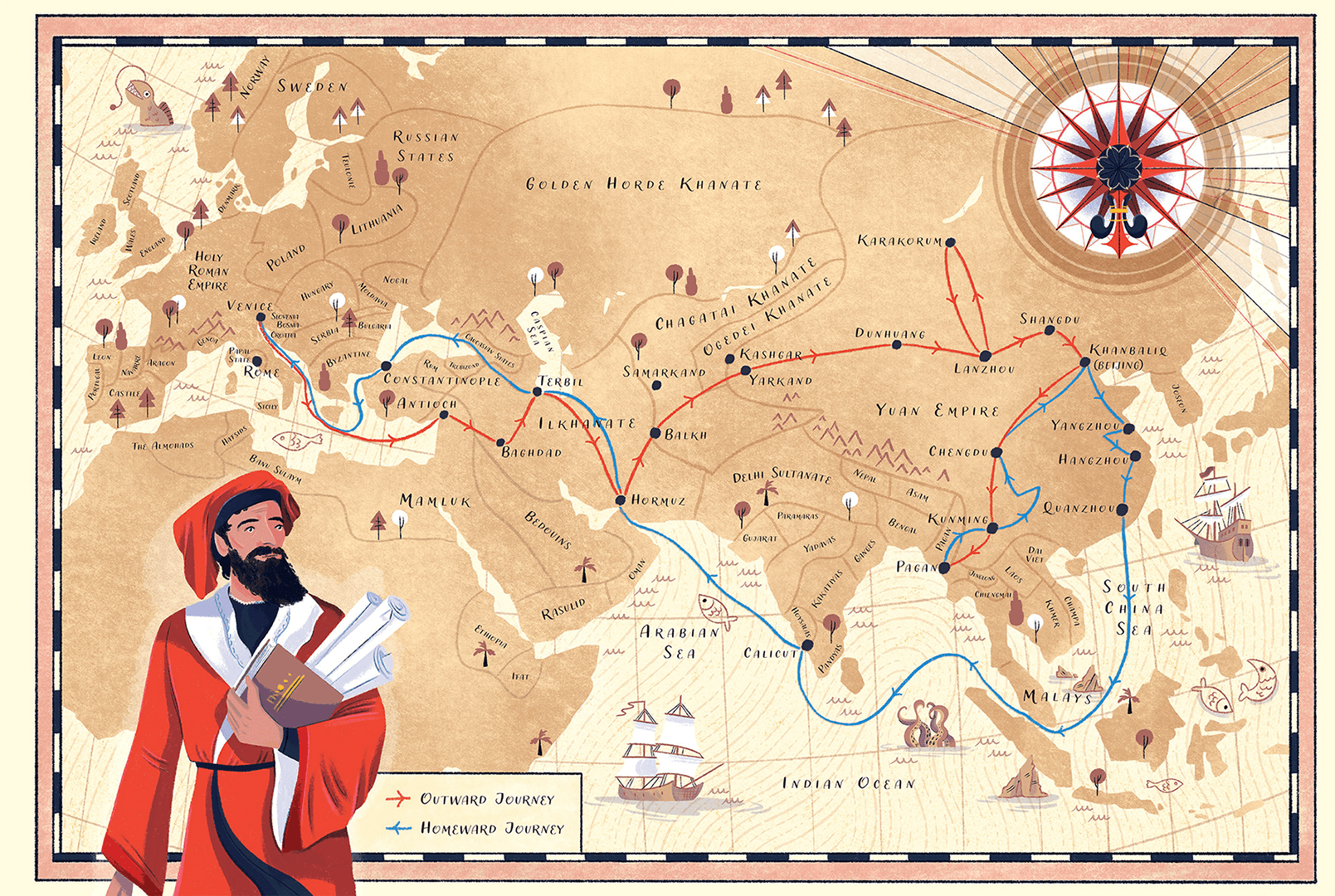 A map of Marco Polo journey, and Marco Polo holding a scroll and looking at a detailed compass in the up right corner.