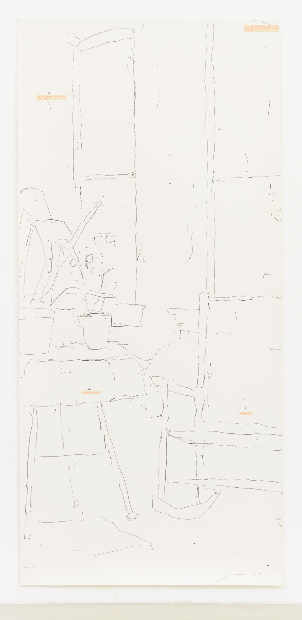 Things Fall Apart - only shadows enter my tent - part 12, 2018 Paper, typed on paper, graphite 235 x 110 cm