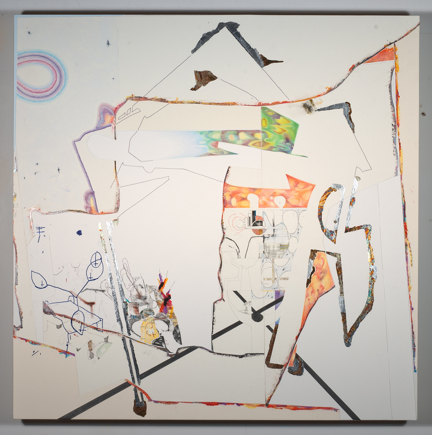 hours of burning drift Ink, graphite, colored pencil, carbon transfer, oil pastel and variegated leaf on paper - mounted on panel. 2019 - 26 x 26 x 2