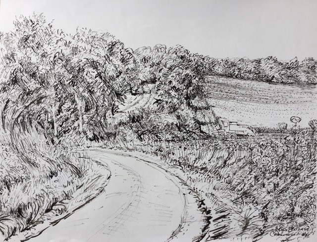 Korenveld met maaimachine, Pusaye forterre 2016 -Indian ink, rietpen 45x60 cm