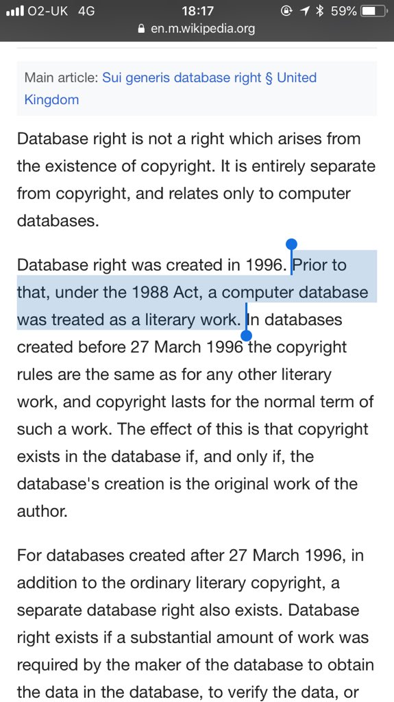 Copyright law in the United Kingdom compares databases to literary works due to the level of skill involved in creating them.